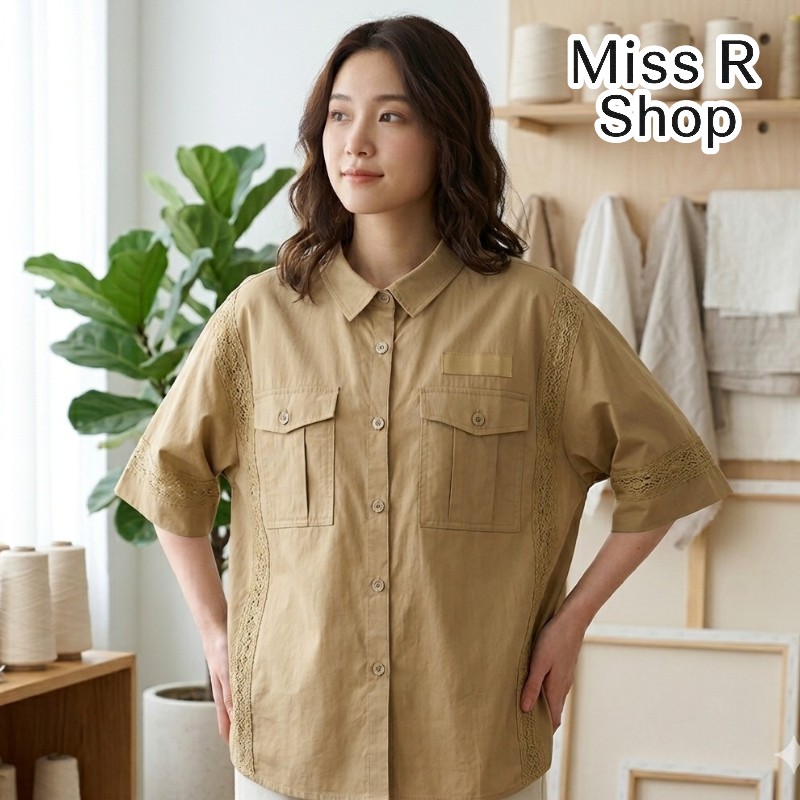 蕾絲拼接寬版襯衫 乾爽棉質 成熟女性風  j1301