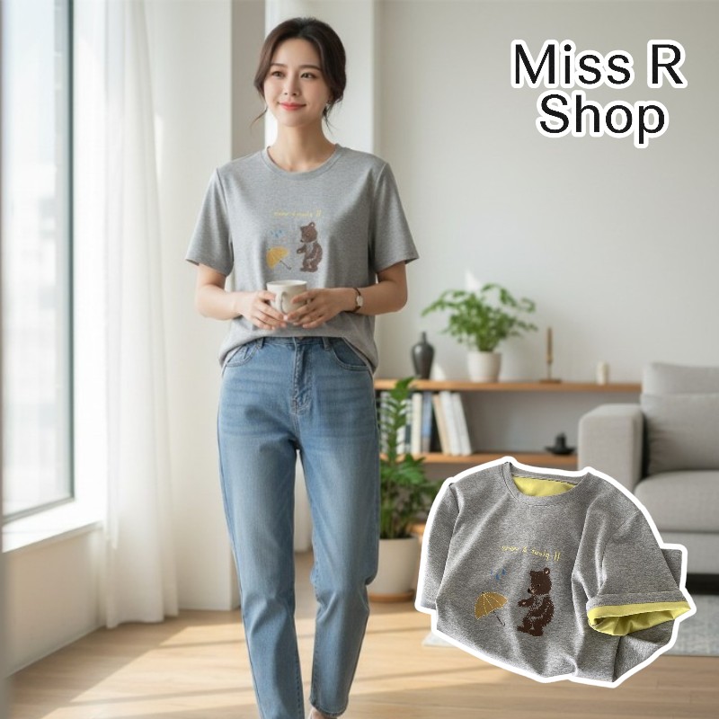 春夏可愛小熊撐傘 撞色內裏 短袖T恤 韓系日系 純棉透氣 寬鬆顯瘦 正韓感 萌系插畫 ins百搭 n60012