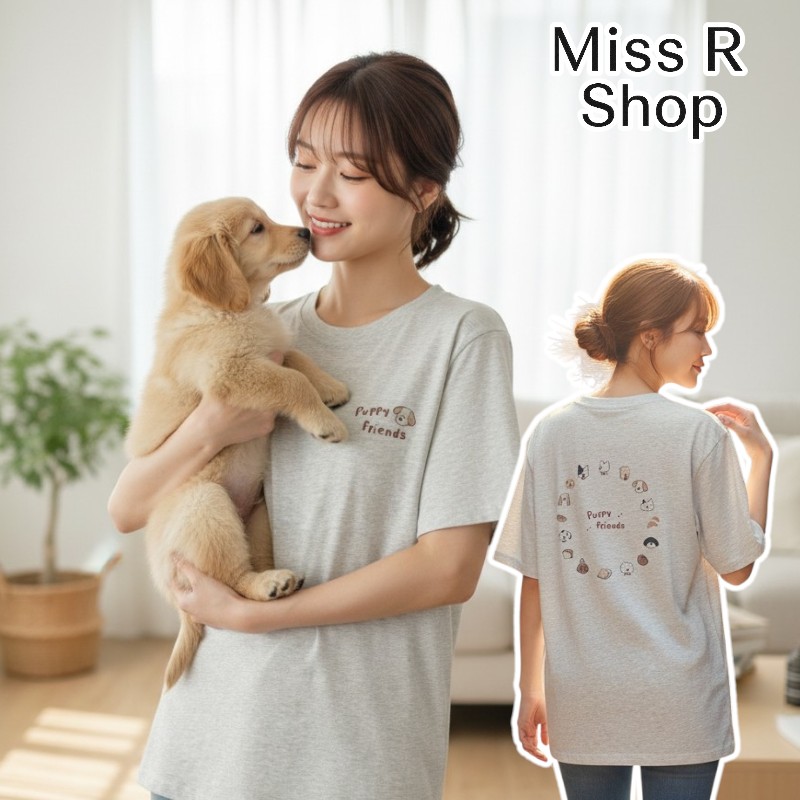 夏季日系小狗印花短袖T恤 純棉寬鬆圓領百搭 前後圖案 可愛 休閒 時尚 潮流 女上衣 n60003