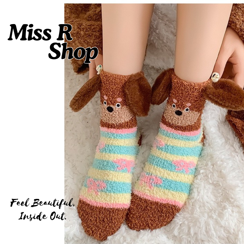 (厚襪) 可愛臘腸狗 毛茸茸加厚睡眠襪 居家地板襪 n110