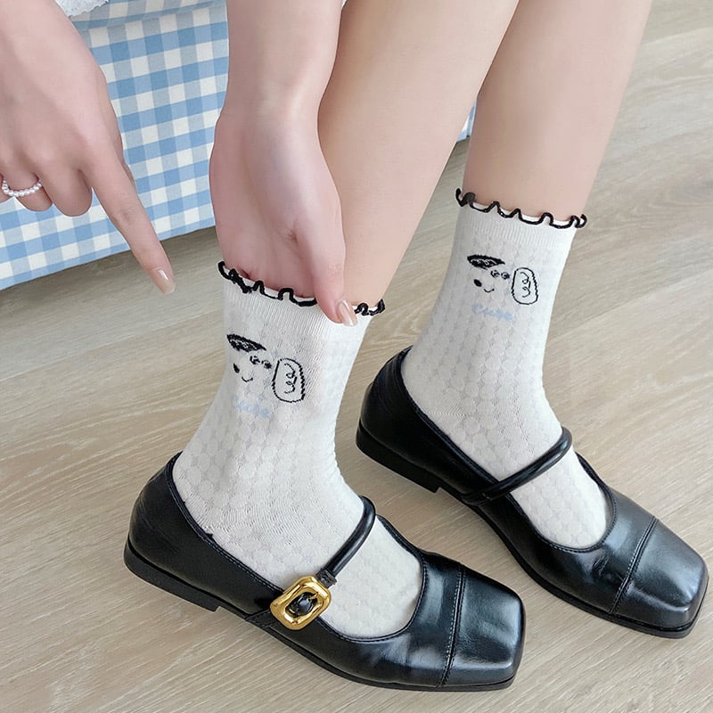 白色小狗網眼襪 夏季薄款中筒ins潮 純棉日系卡通  68