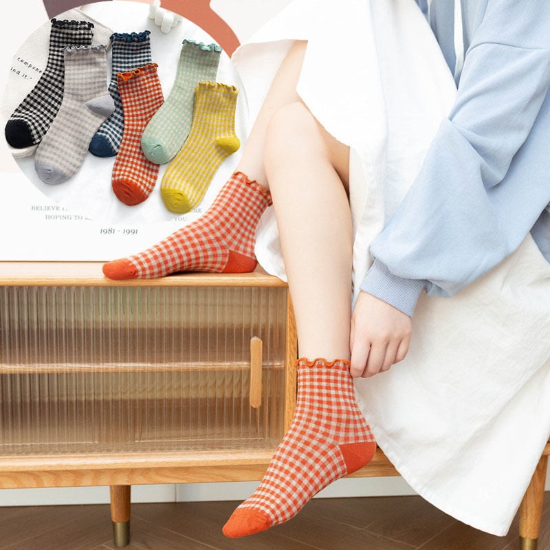 日系 方格子木耳邊 棉襪花邊森系學院風   02