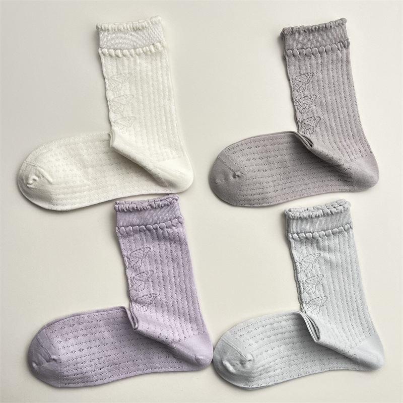 日系鏤空網眼蝴蝶結中筒襪  36