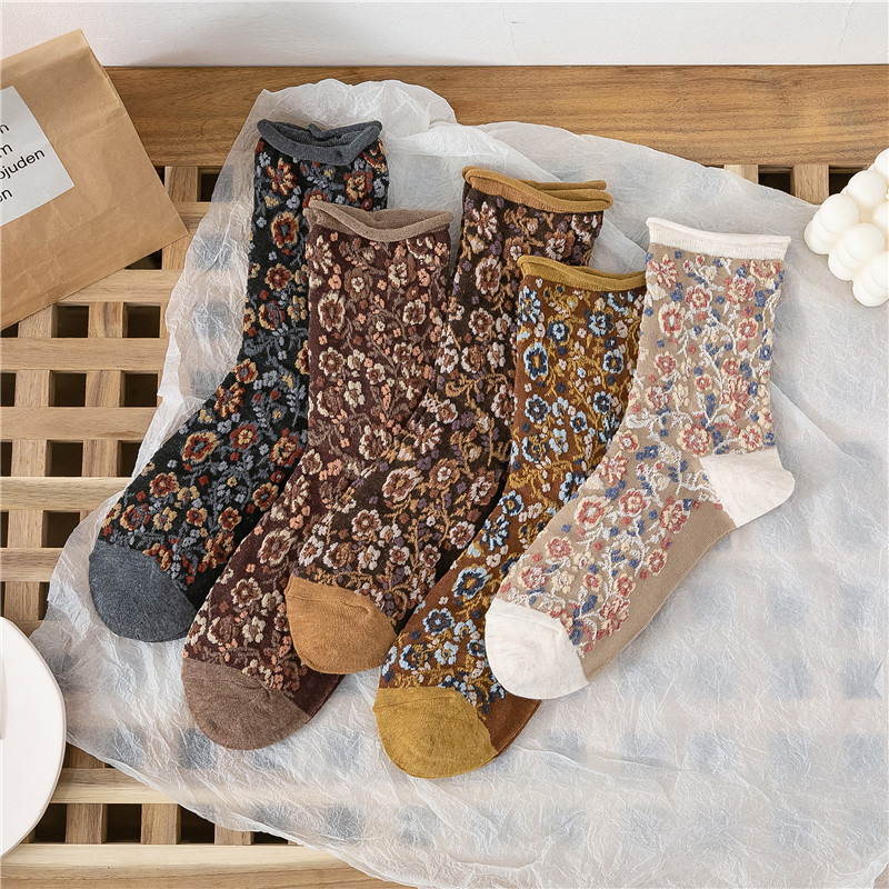 日系復古卷邊碎花鬆口襪05