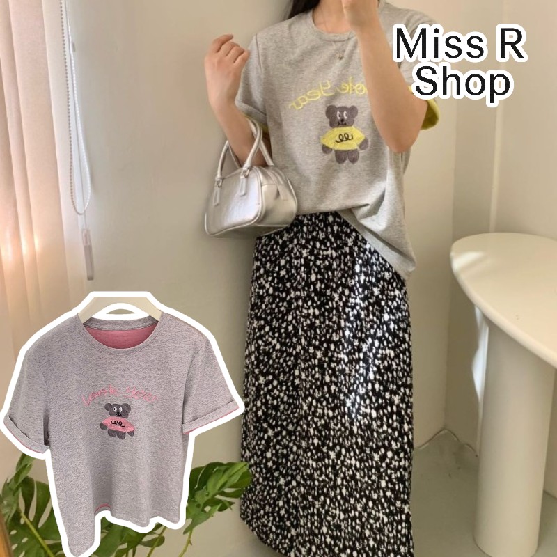 春夏刺繡粉衣熊 撞色內裏 短袖T恤 韓系日系 純棉透氣 寬鬆顯瘦 正韓感 萌系插畫 ins百搭 n60010