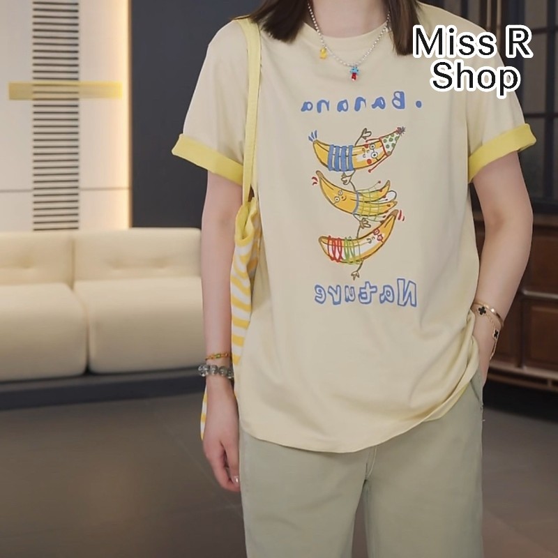 春夏可愛香蕉插畫 撞色滾邊 短袖T恤 韓系日系 純棉透氣 寬鬆顯瘦 韓感 食物系上衣 n60011