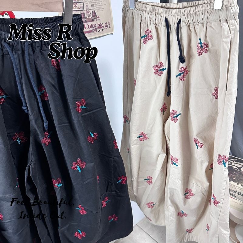 文藝風刺繡高腰闊腿褲 女 春夏新款 復古休閒褲 寬鬆顯瘦 落地褲 ins風 外貿長褲 垂墜感 氣質 百搭 褲子 n60053