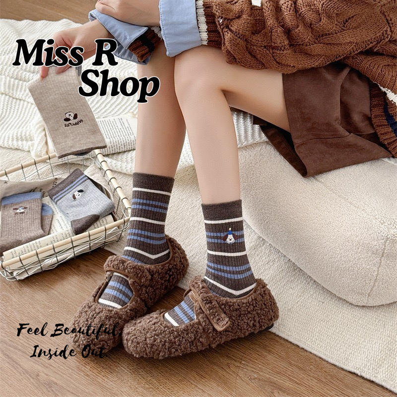 卡通刺繡可愛襪 日系咖色美拉德中筒襪   n126