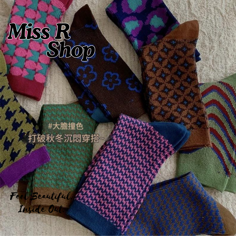 千鳥格幾何條紋中筒襪 美拉德小眾設計堆堆襪   n123
