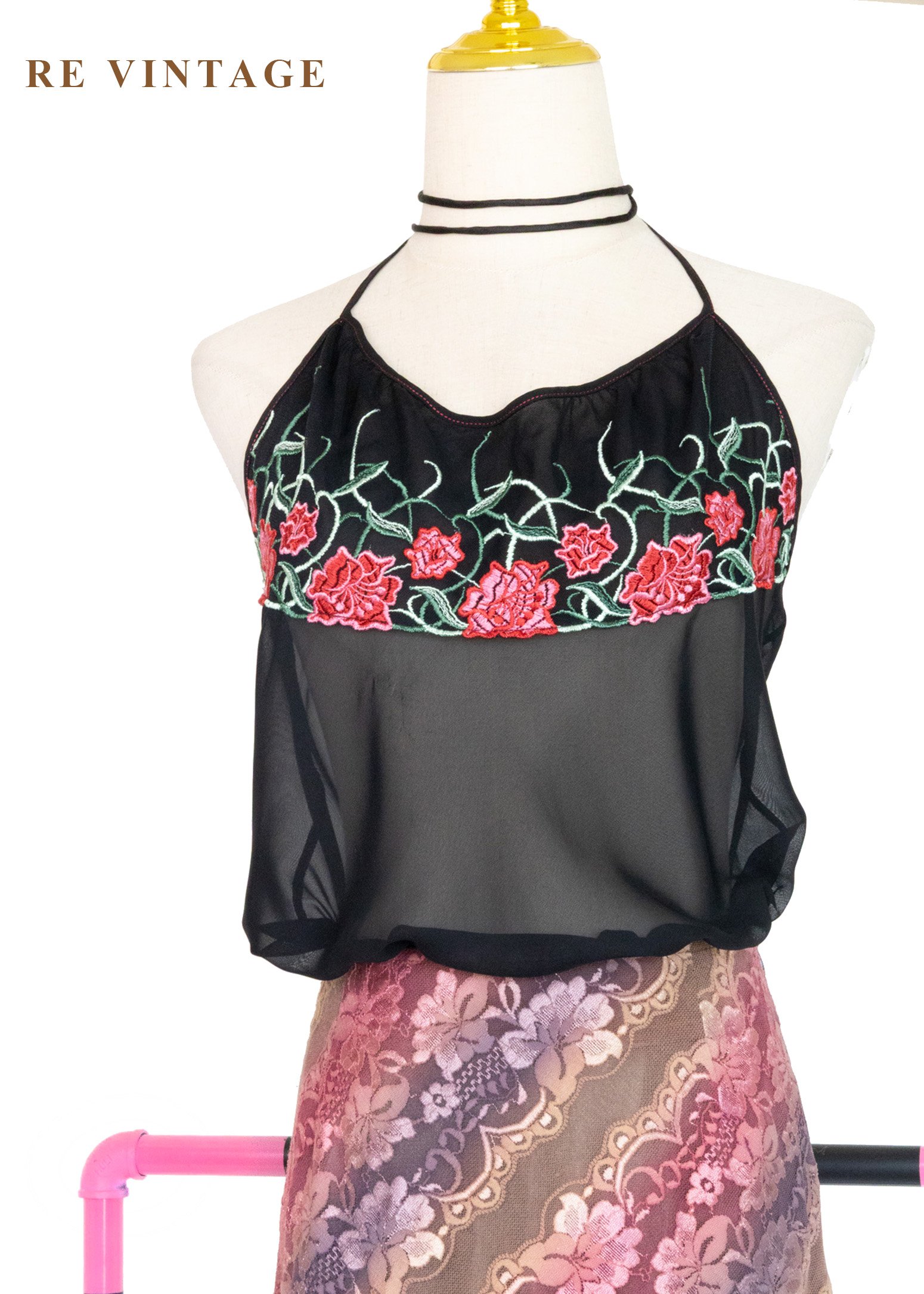 紅花黑紗東方韻味繞頸背心