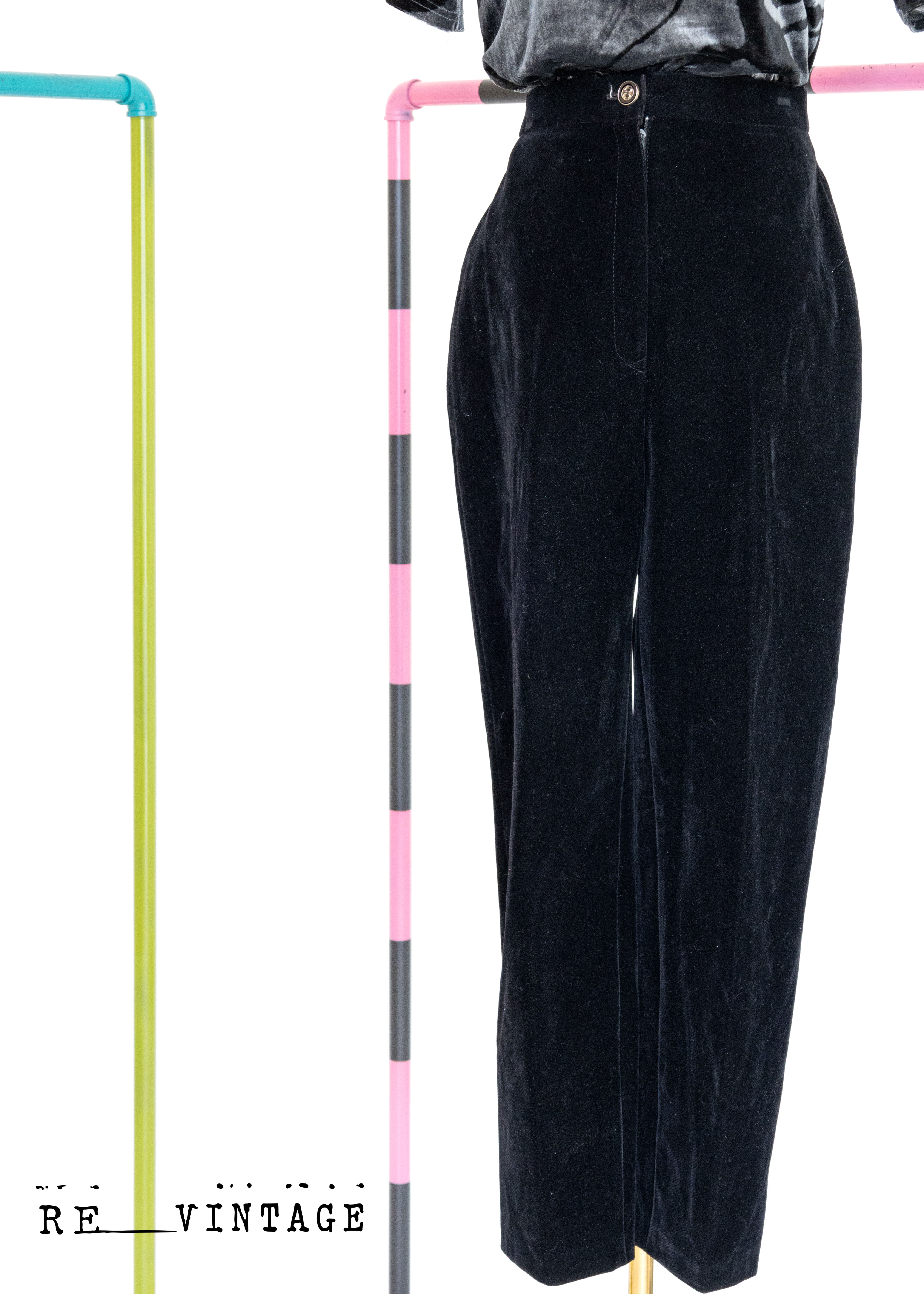 高腰黑白交錯絨布硬挺長褲