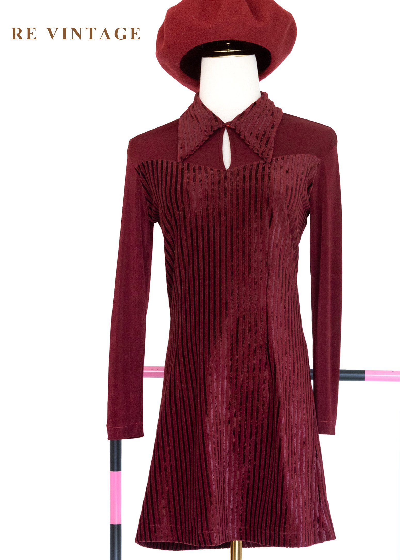 法式優雅直條勃根地紅絨布洋裝