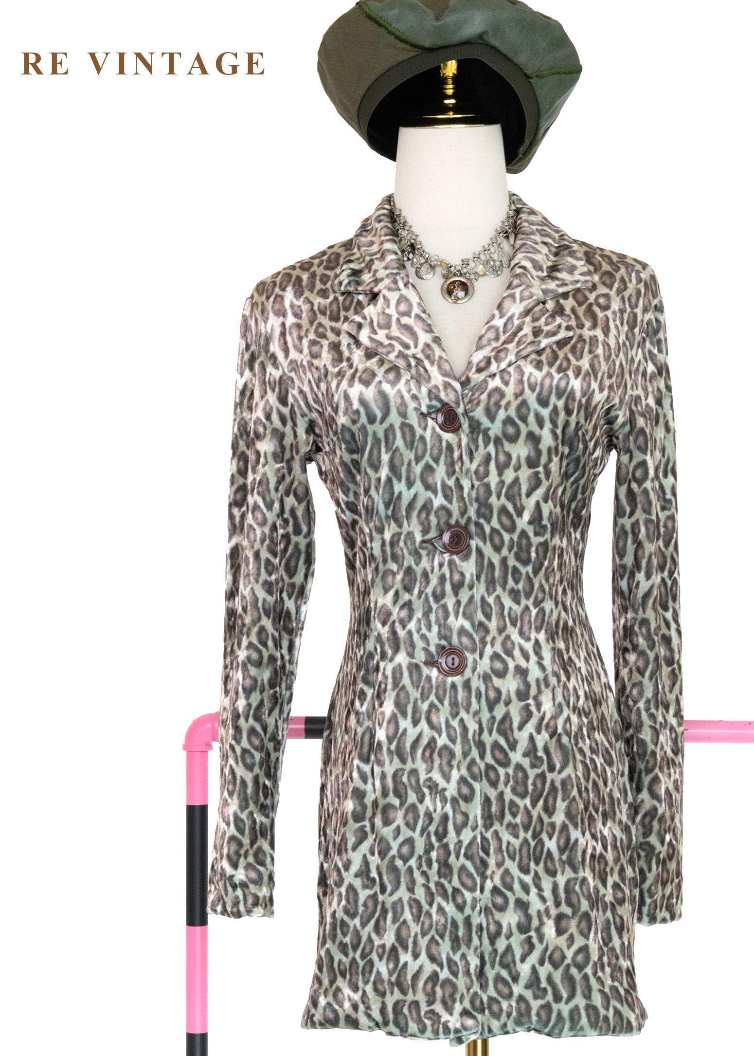 叢林獵手 - 冷調灰綠系豹紋絨布迷你洋裝