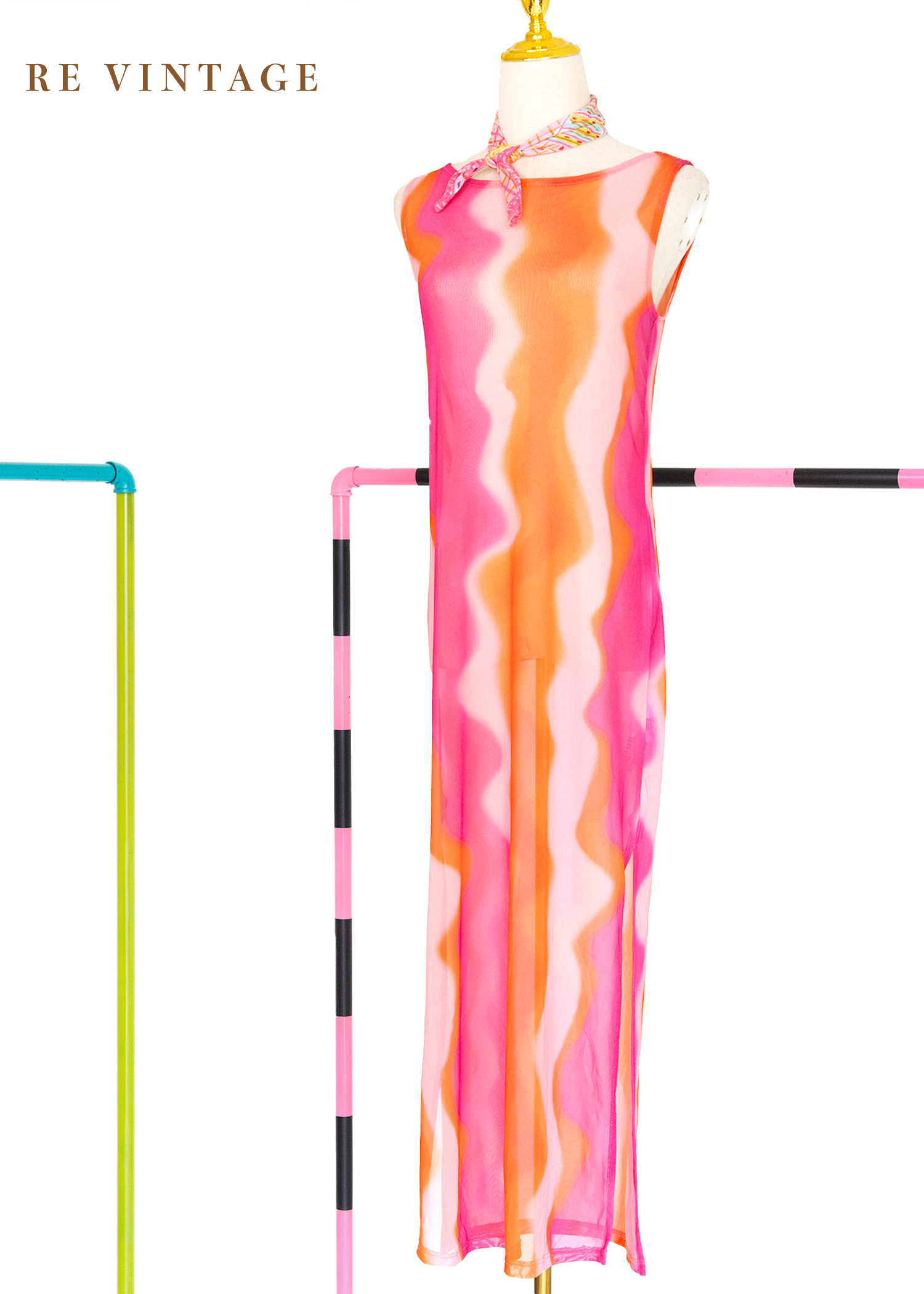 『歐洲寶貝』Fuchsia- Orange Wavy 透膚長洋裝