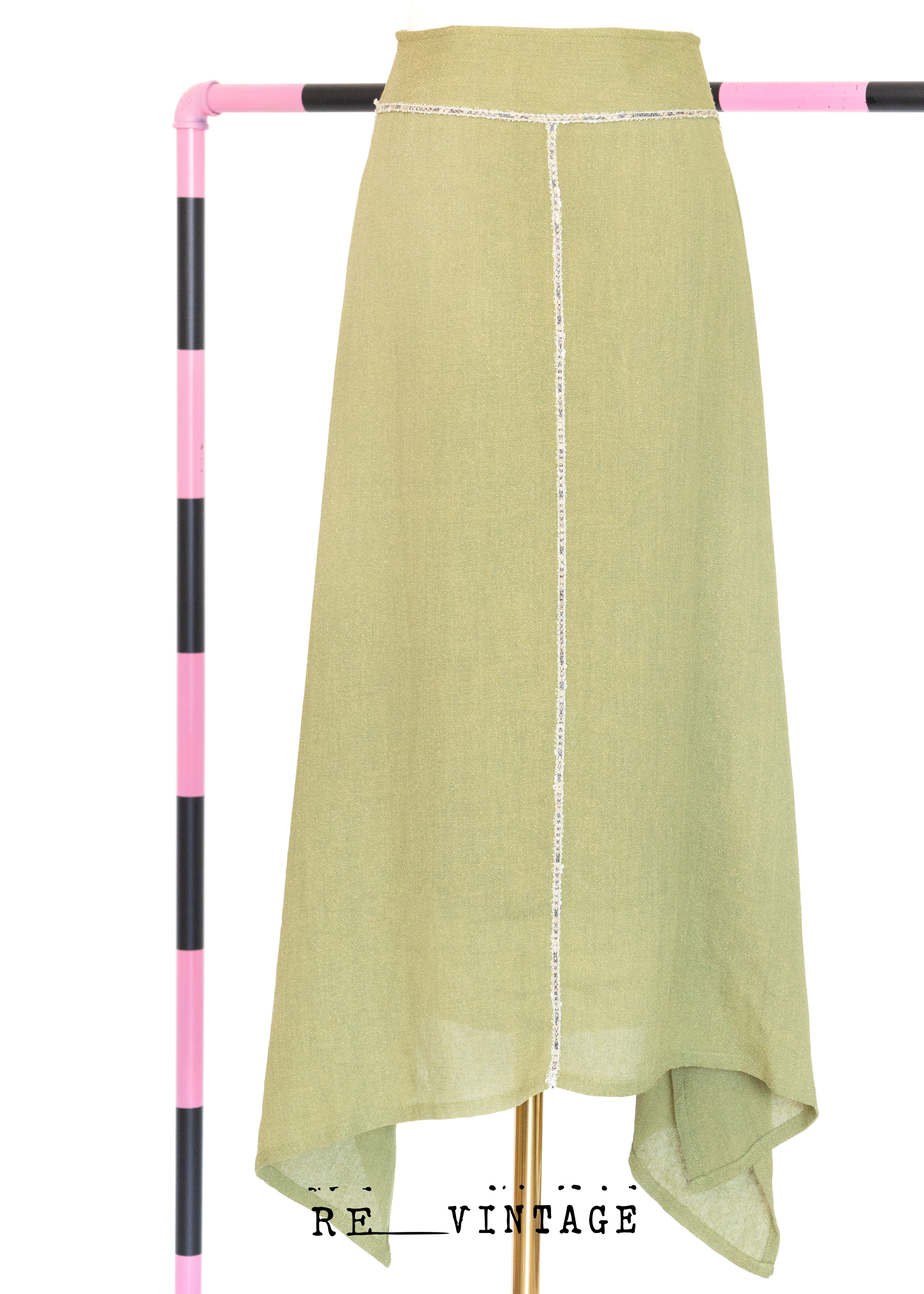 草綠色氣質不規則下擺中長裙