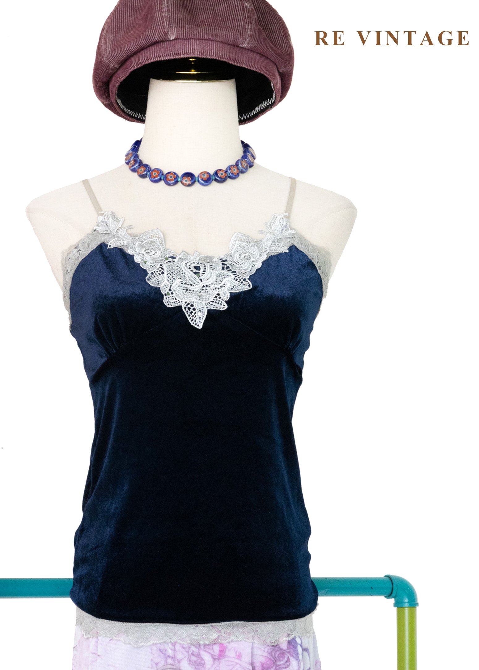 深藍蕾絲刺繡絨布細肩帶背心