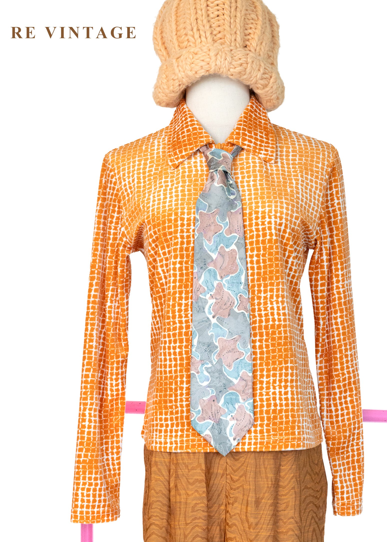 溫潤橘子細密方格紋絨布上衣