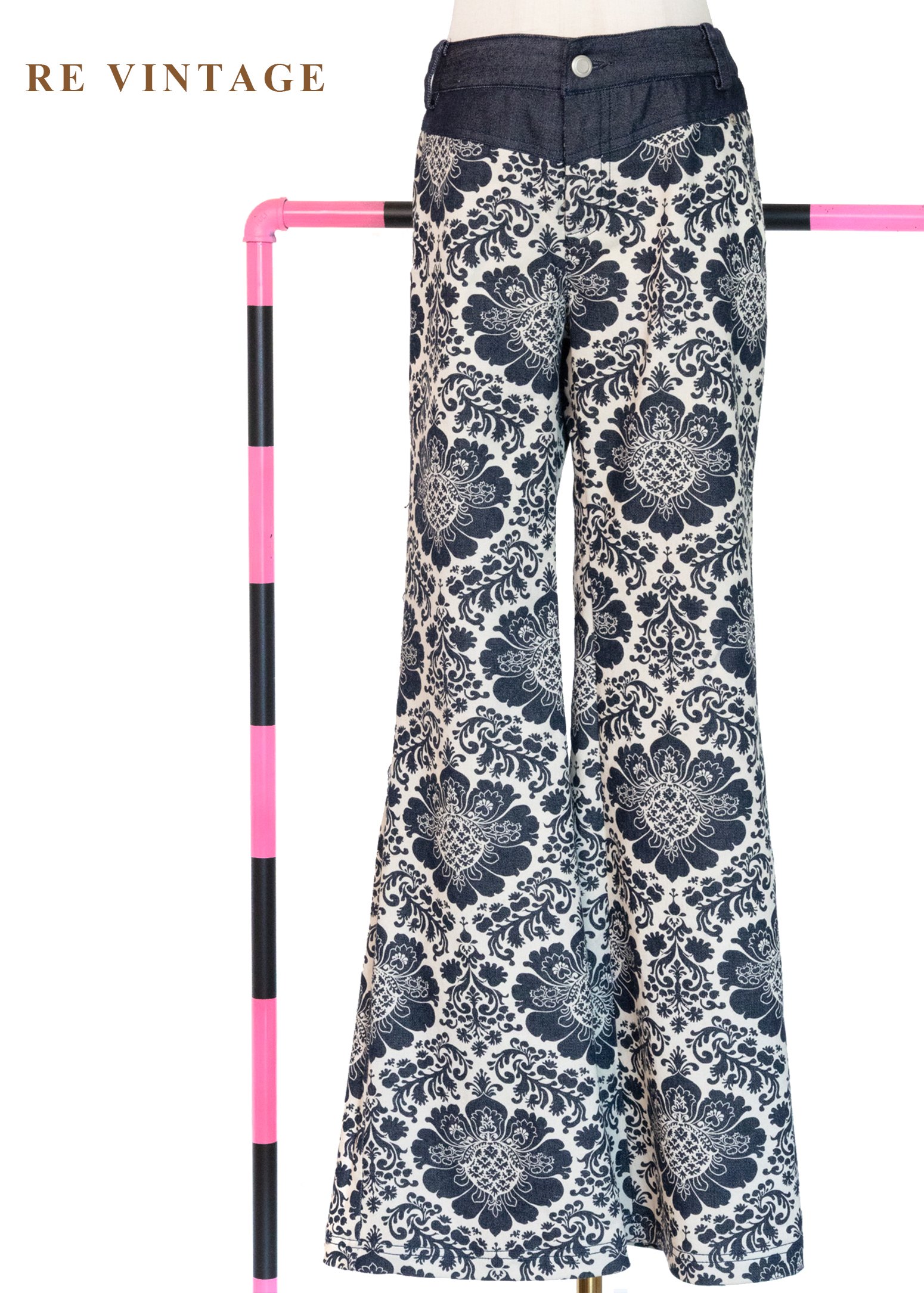 深藍白花復古花紋喇叭褲