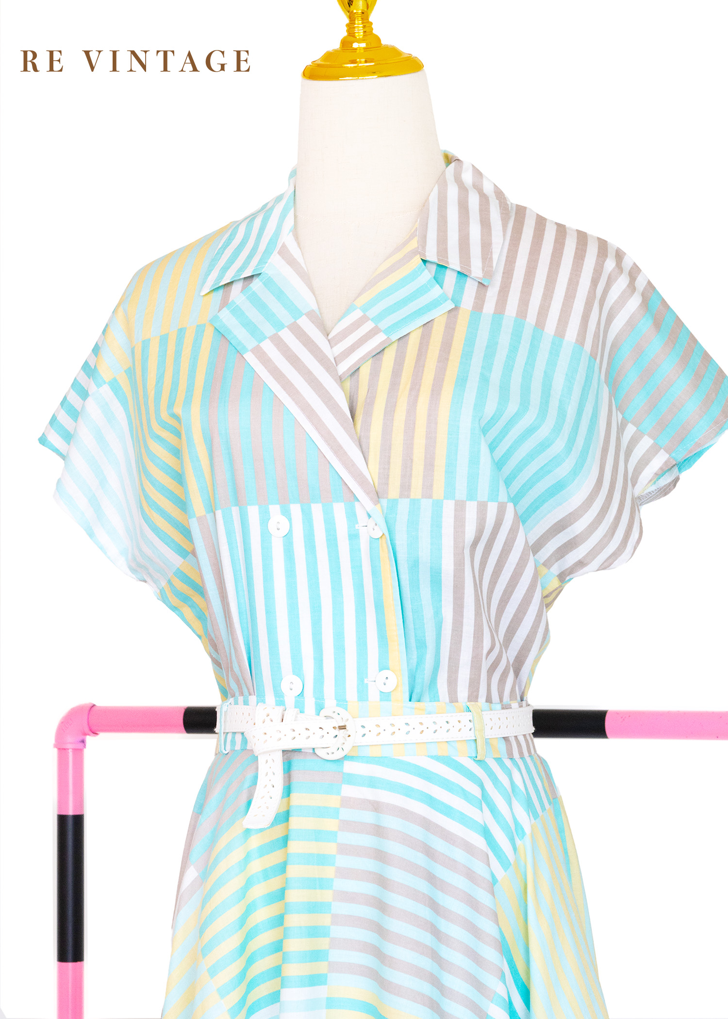 『歐洲寶物』套裝 - 薄荷奶黃色格紋線條襯衫