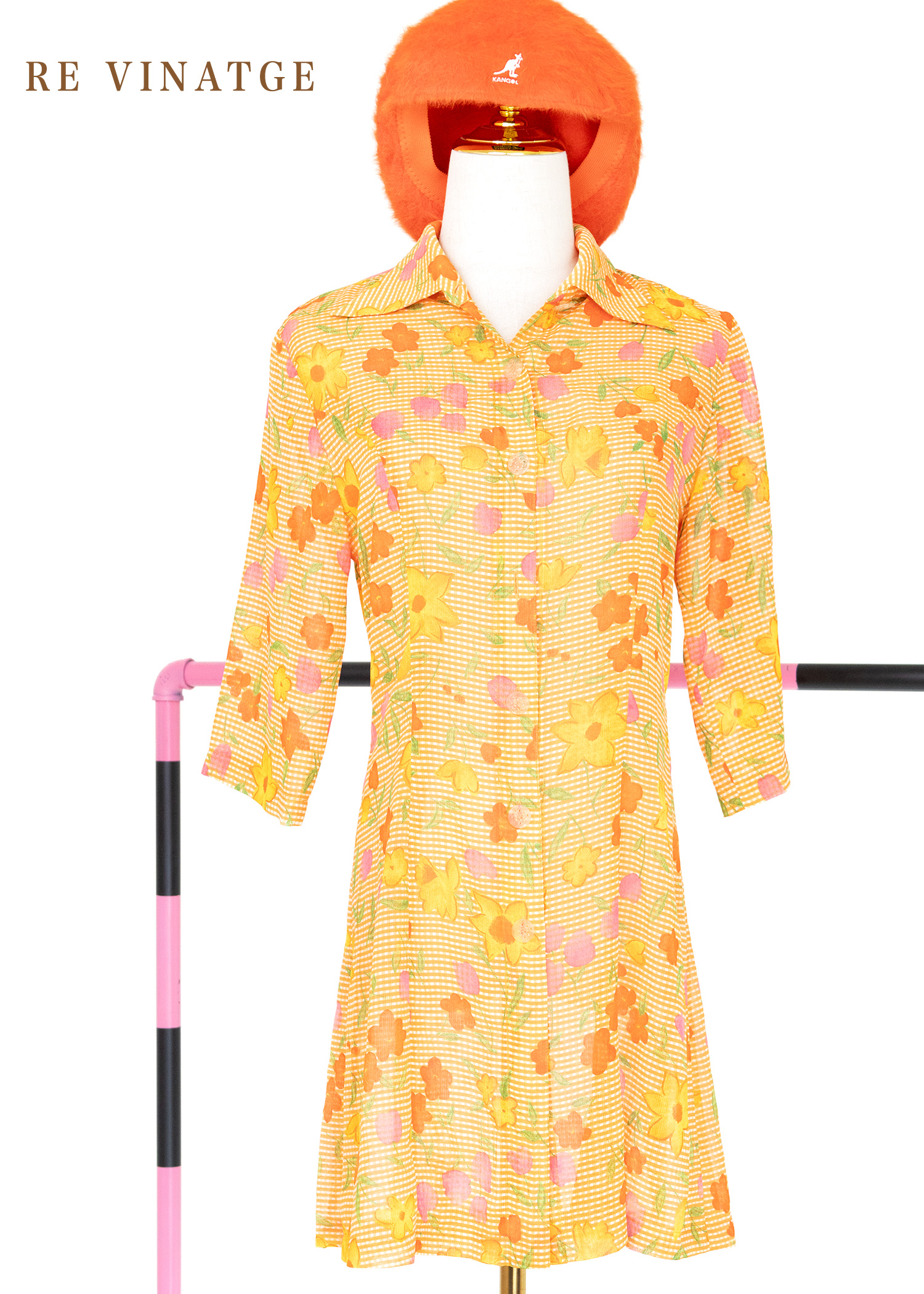 鮮橘色小格紋夏日花花洋裝