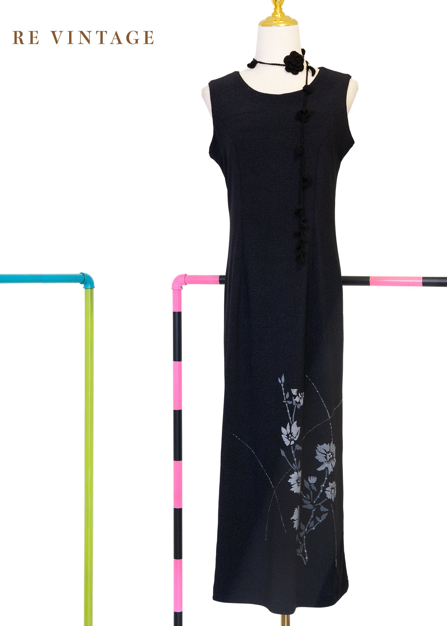 氣質單品 - 灰黑色銀白花枝長洋裝