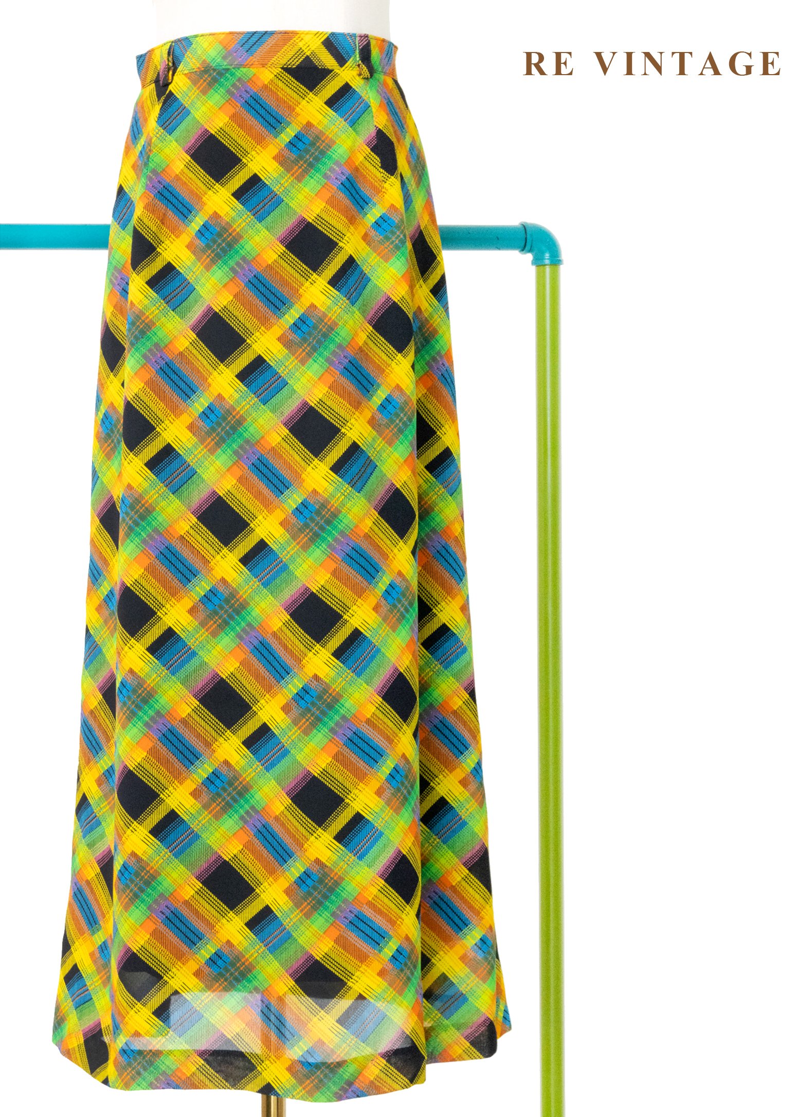 明亮黃綠黑三色交錯斜紋格紋高腰長裙（26"）