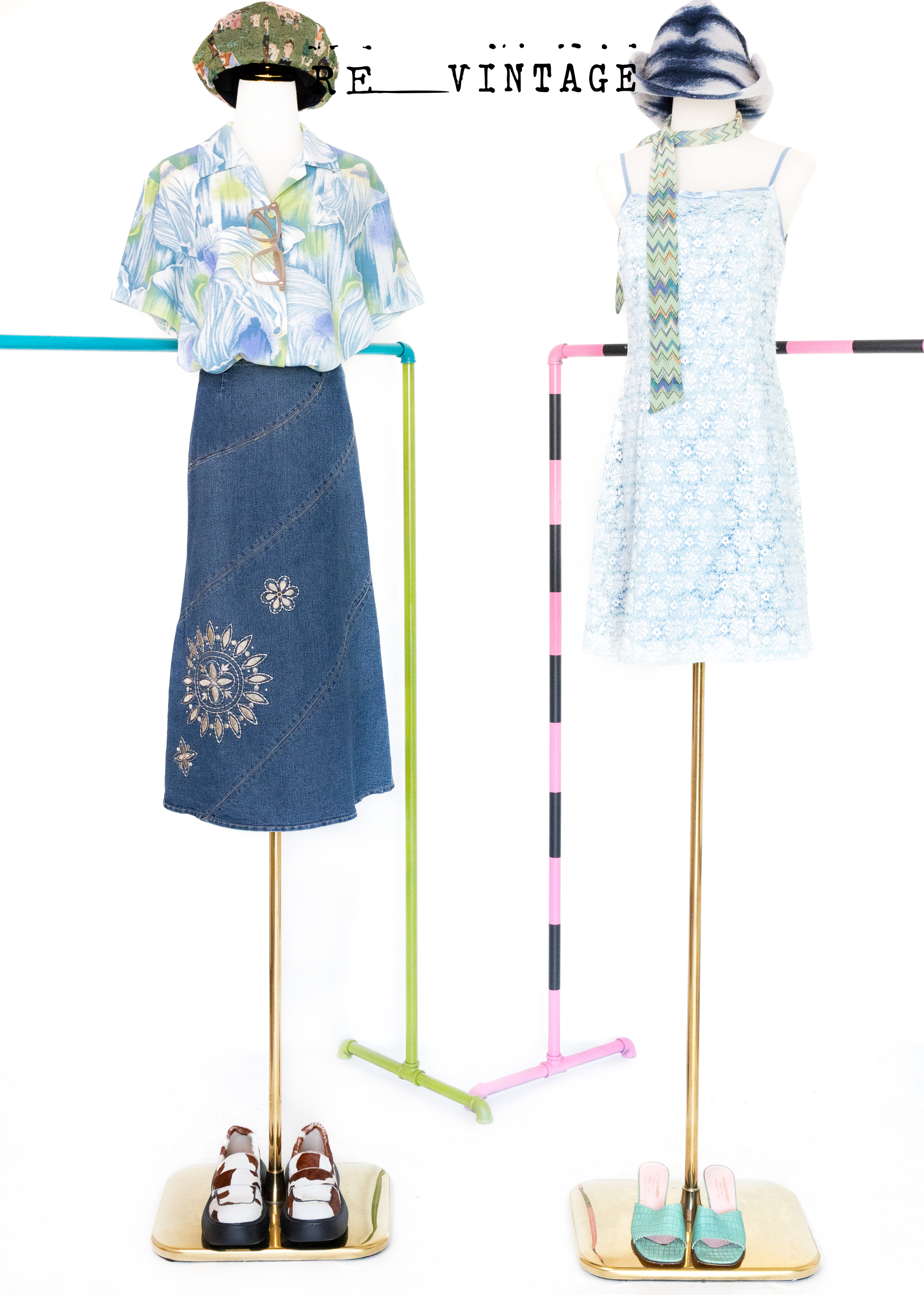 刺繡小花牛仔Ａ字中長裙