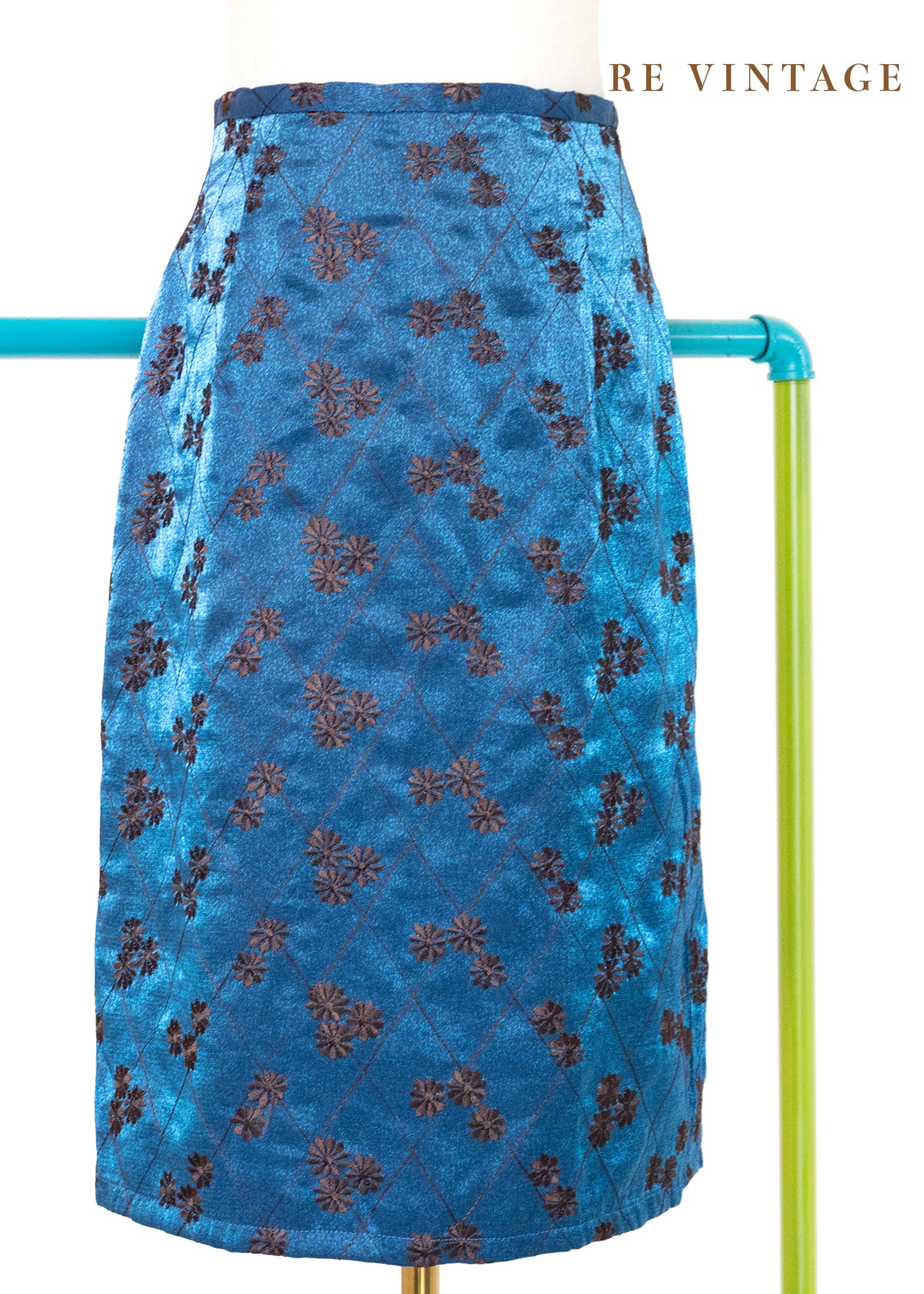 Imperial  Blue 菱格小花光澤及膝裙（27"）