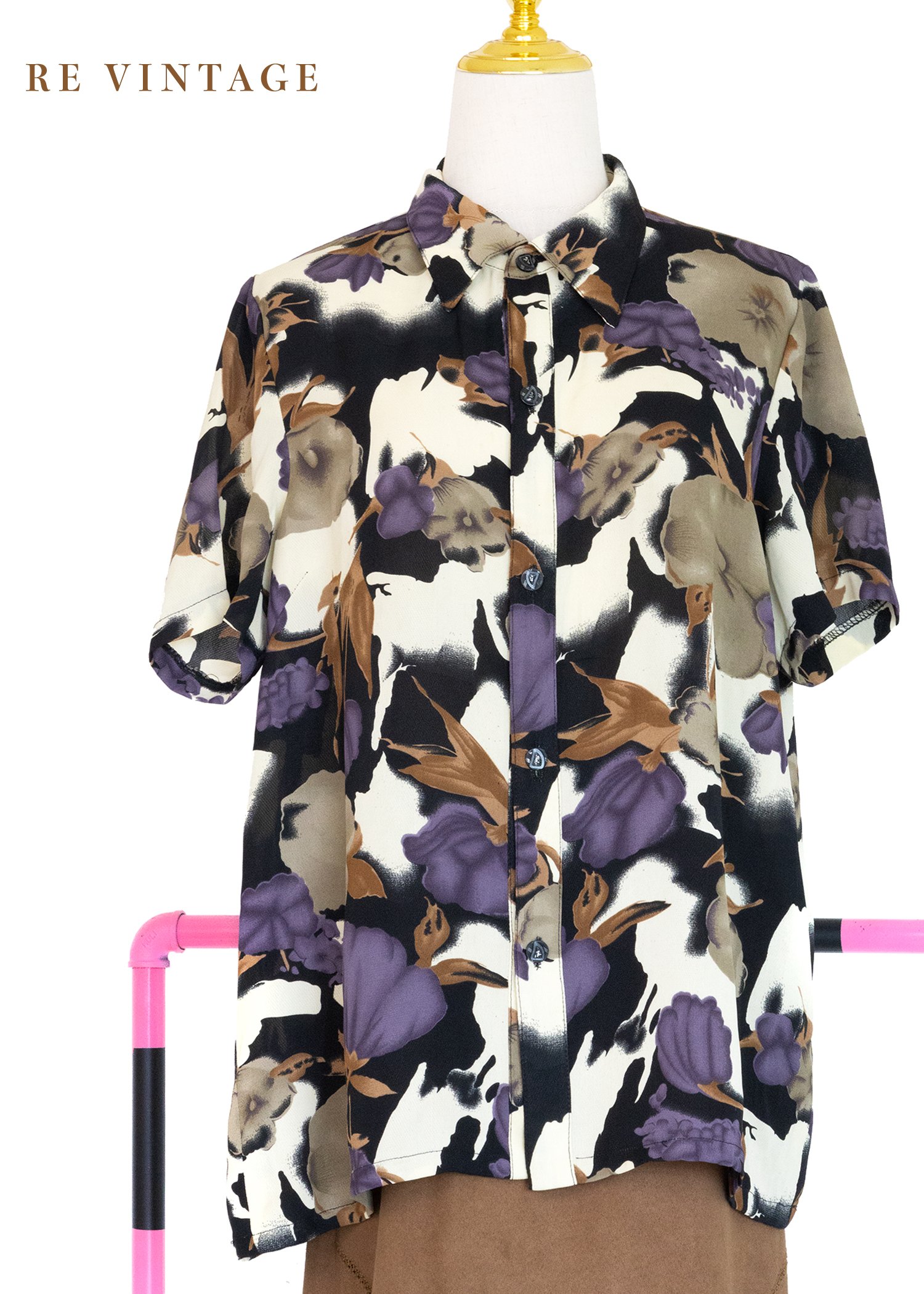 神秘紫花復古冷靜短袖上衣