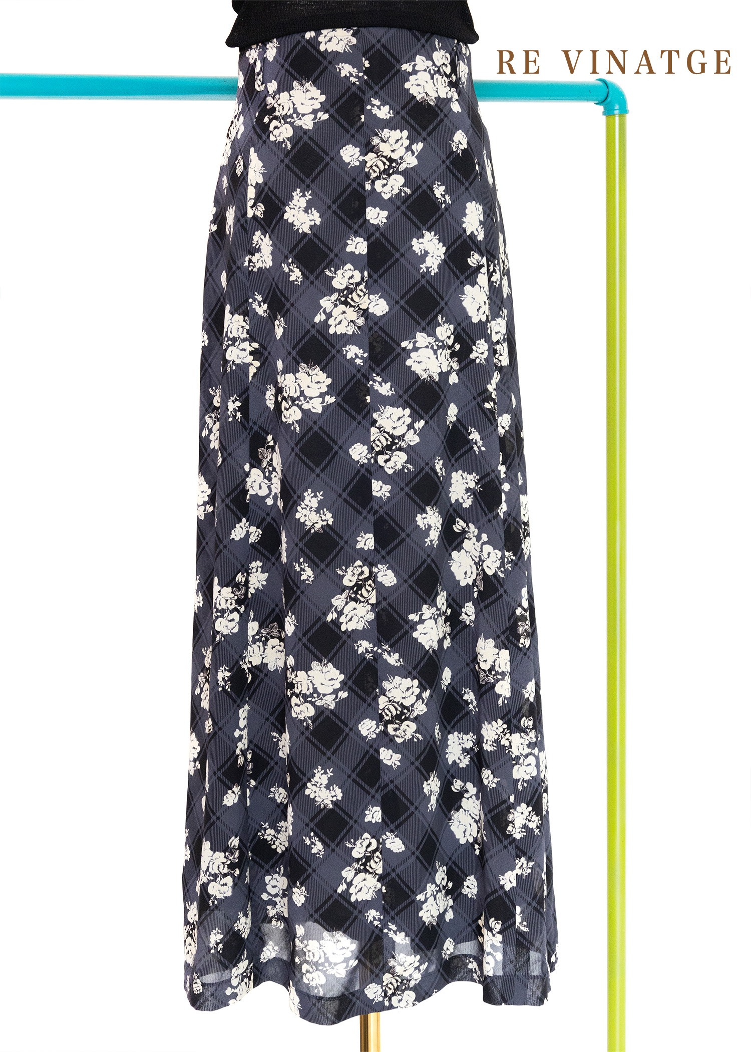 灰藍色菱格小白花長裙（29"）