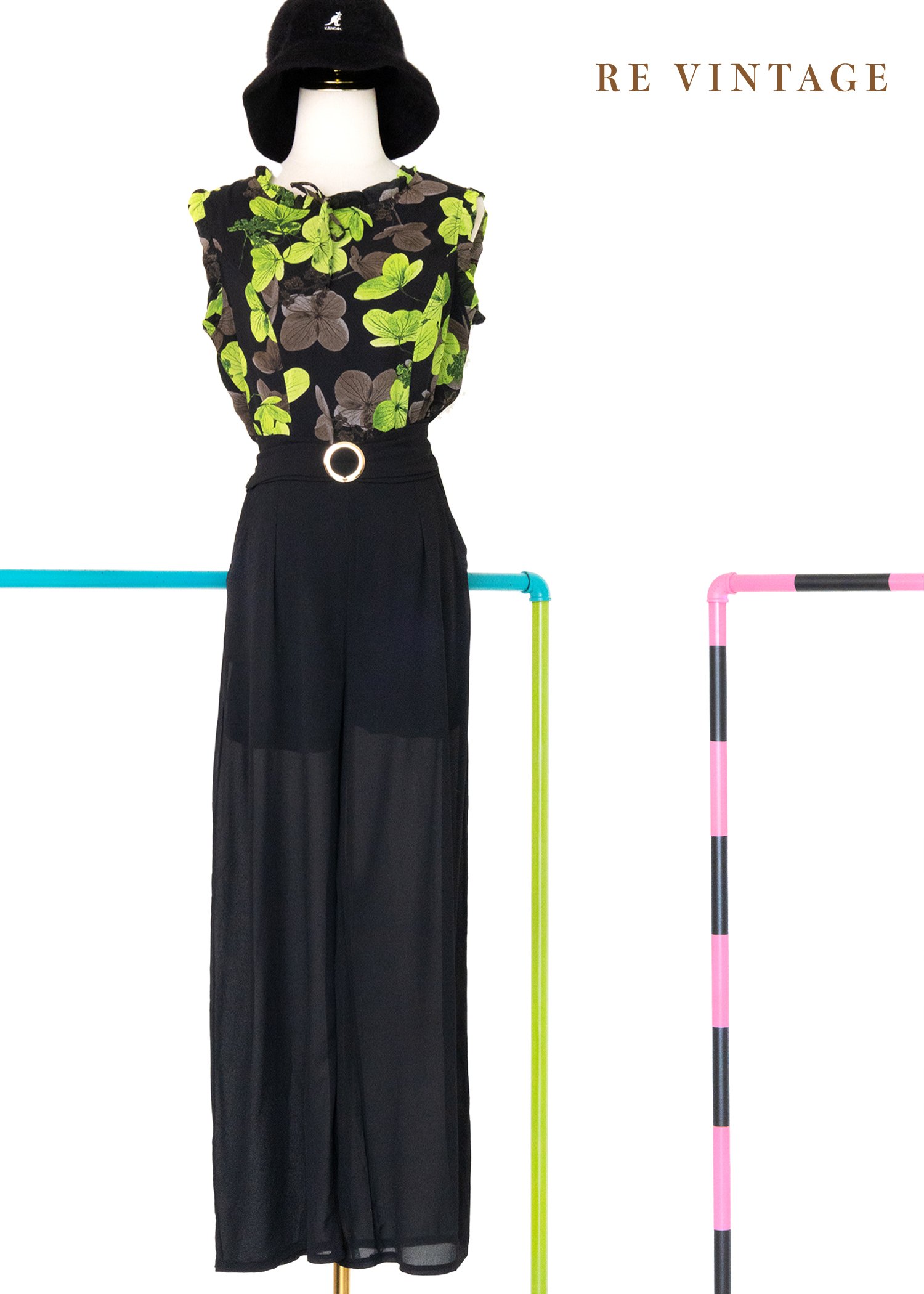 綠色花影黑雪紡連身褲