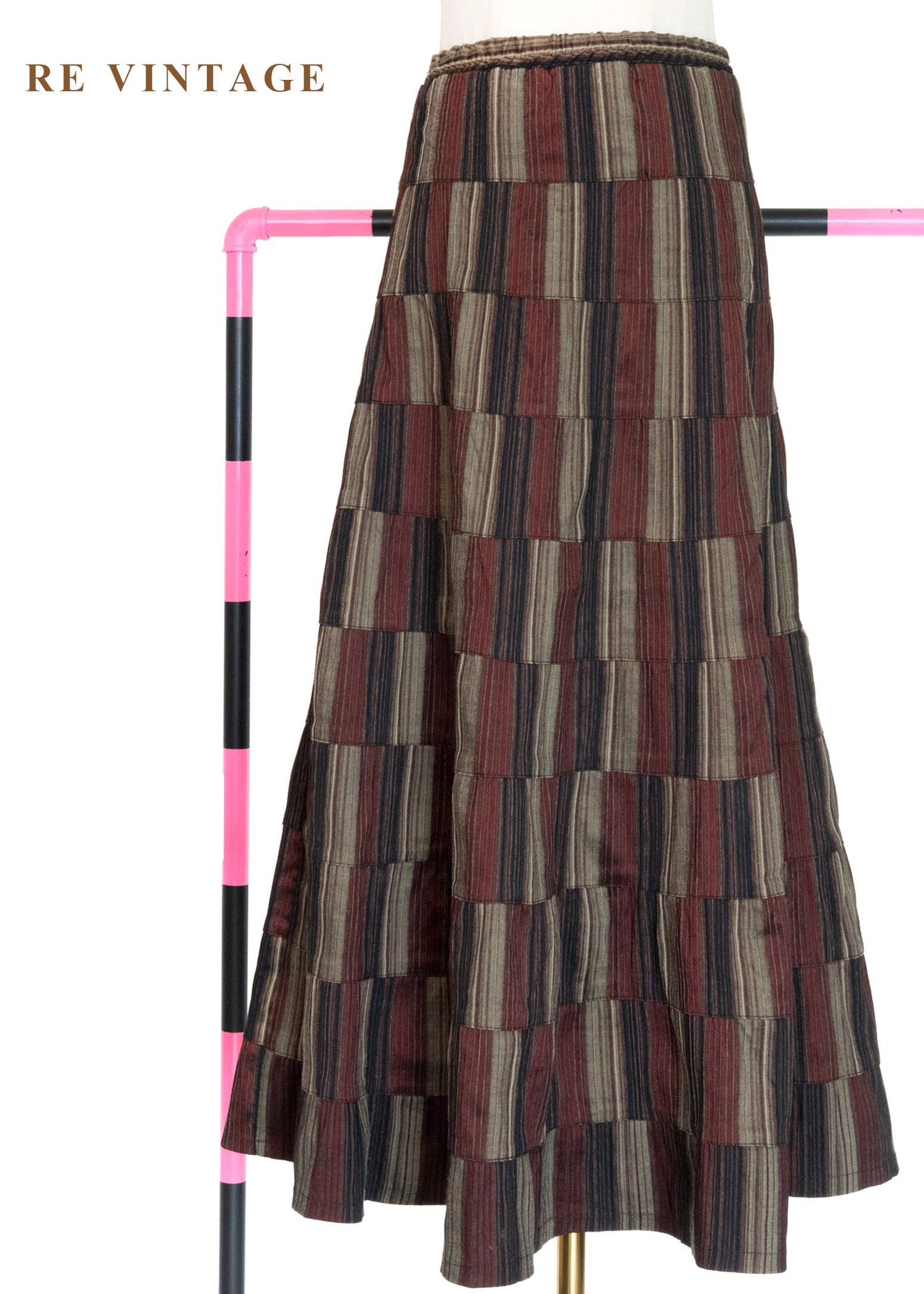 時空階梯條紋拼貼格紋長裙（25-29"）