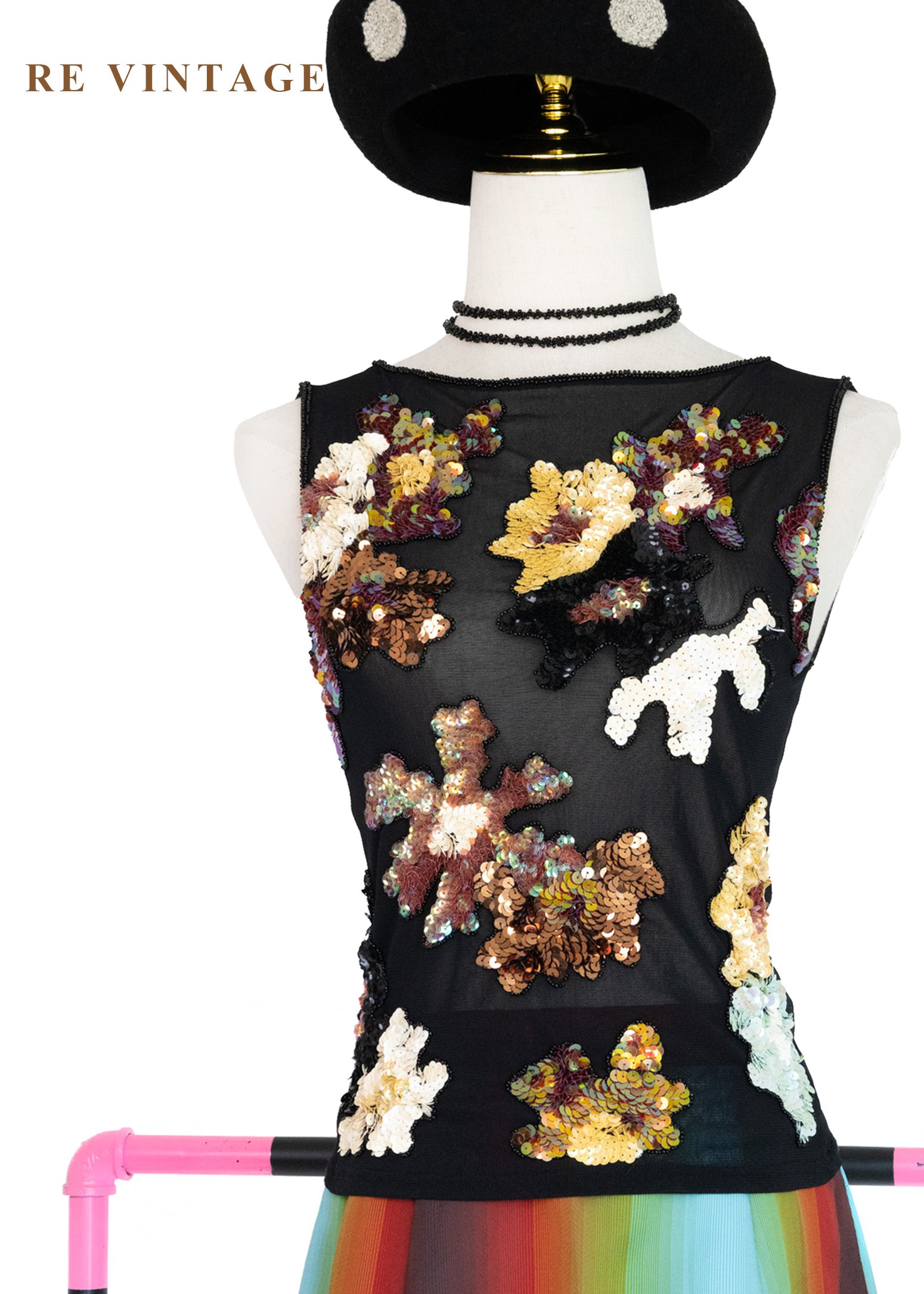 華麗亮片油畫花朵網紗背心