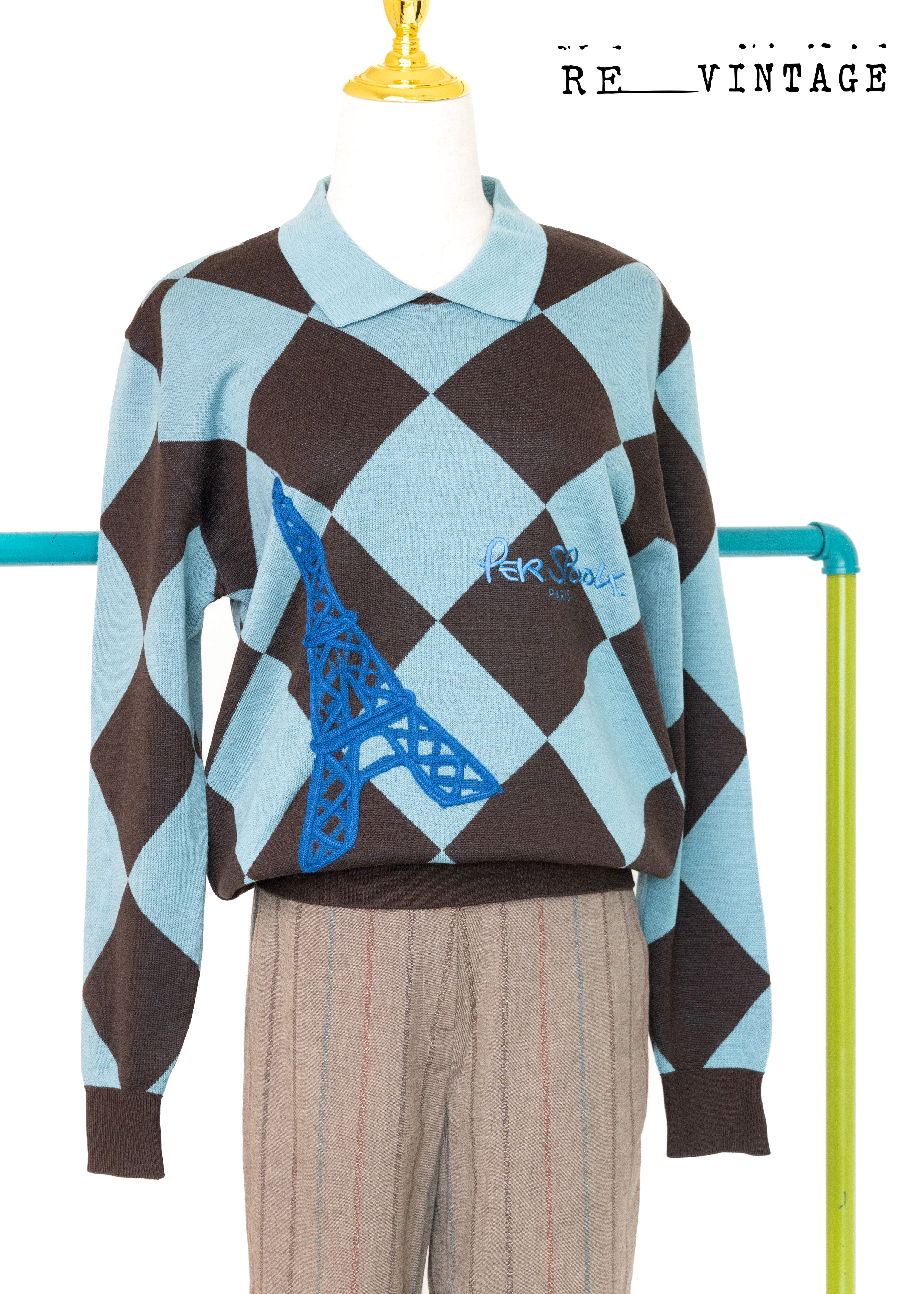 巴黎鐵塔の藍天菱格針織毛衣