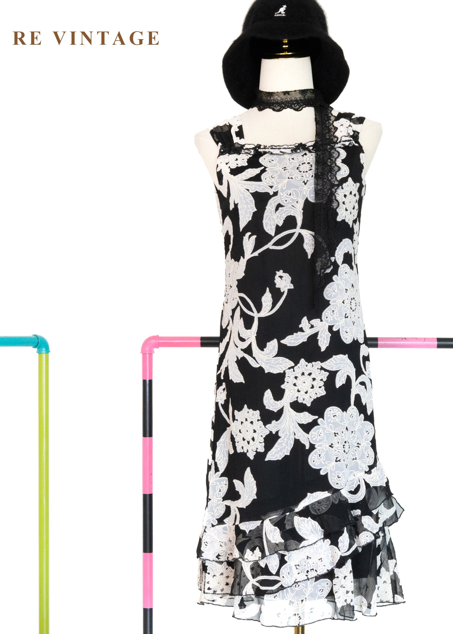 復古大花黑白氣質洋裝