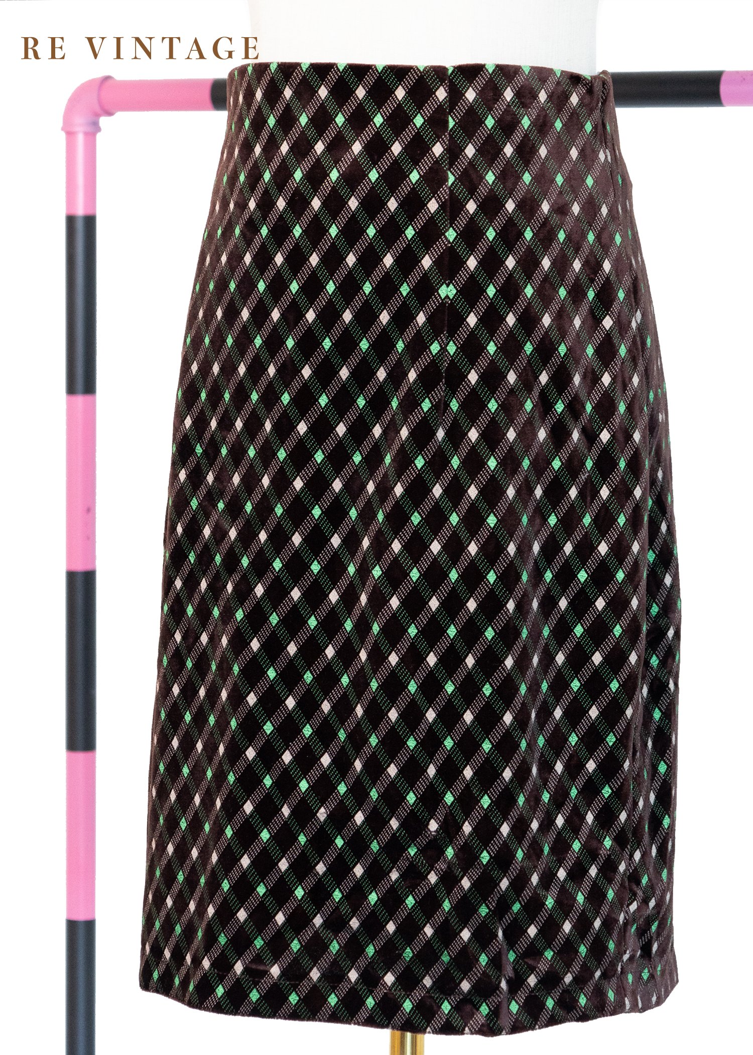 螢光綠格紋巧克力色絨布裙裙（28"）