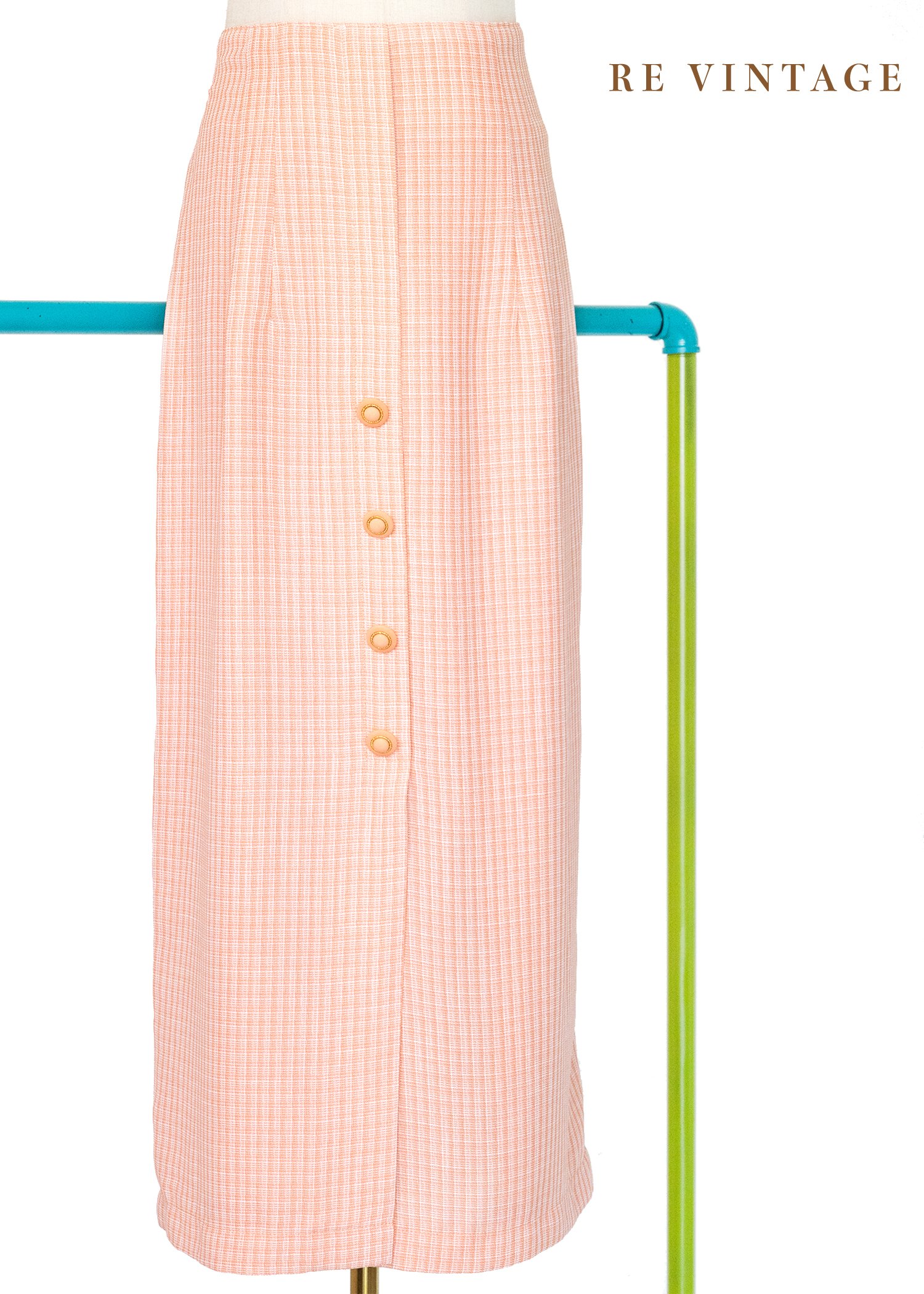 鮭魚粉橘色小格紋氣質長裙（28-32"）