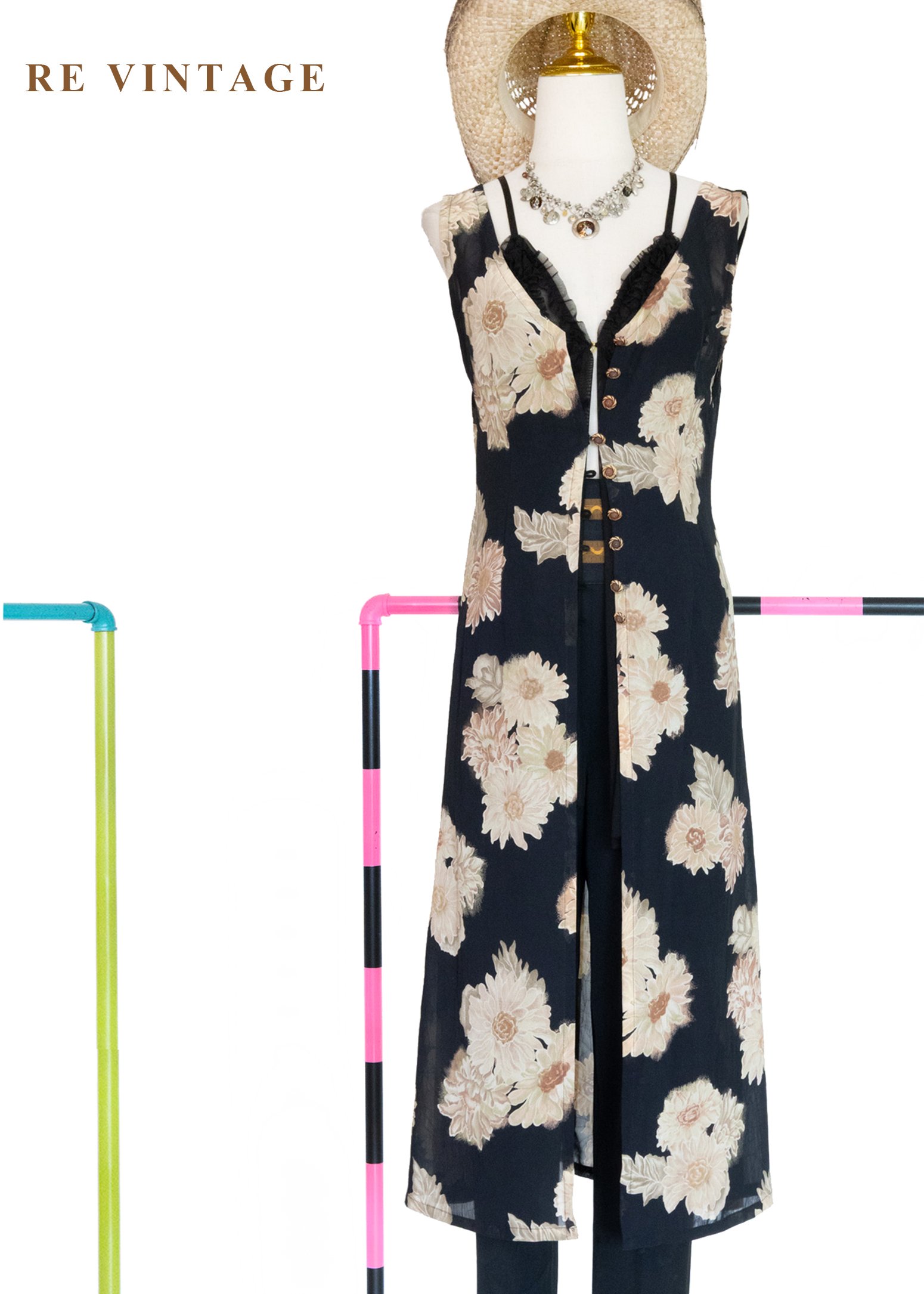 古典黑底米色菊花開襟長版罩衫/長洋裝