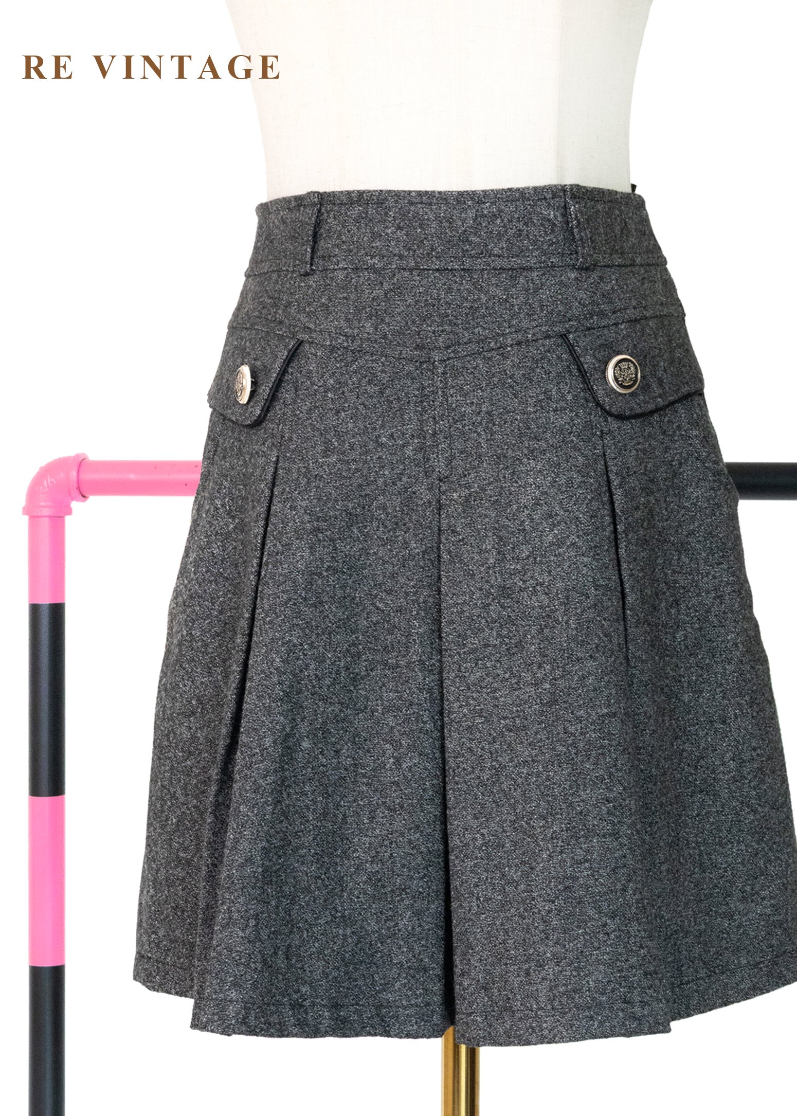 質感單品 - 灰毛呢復古金釦短裙（26"）