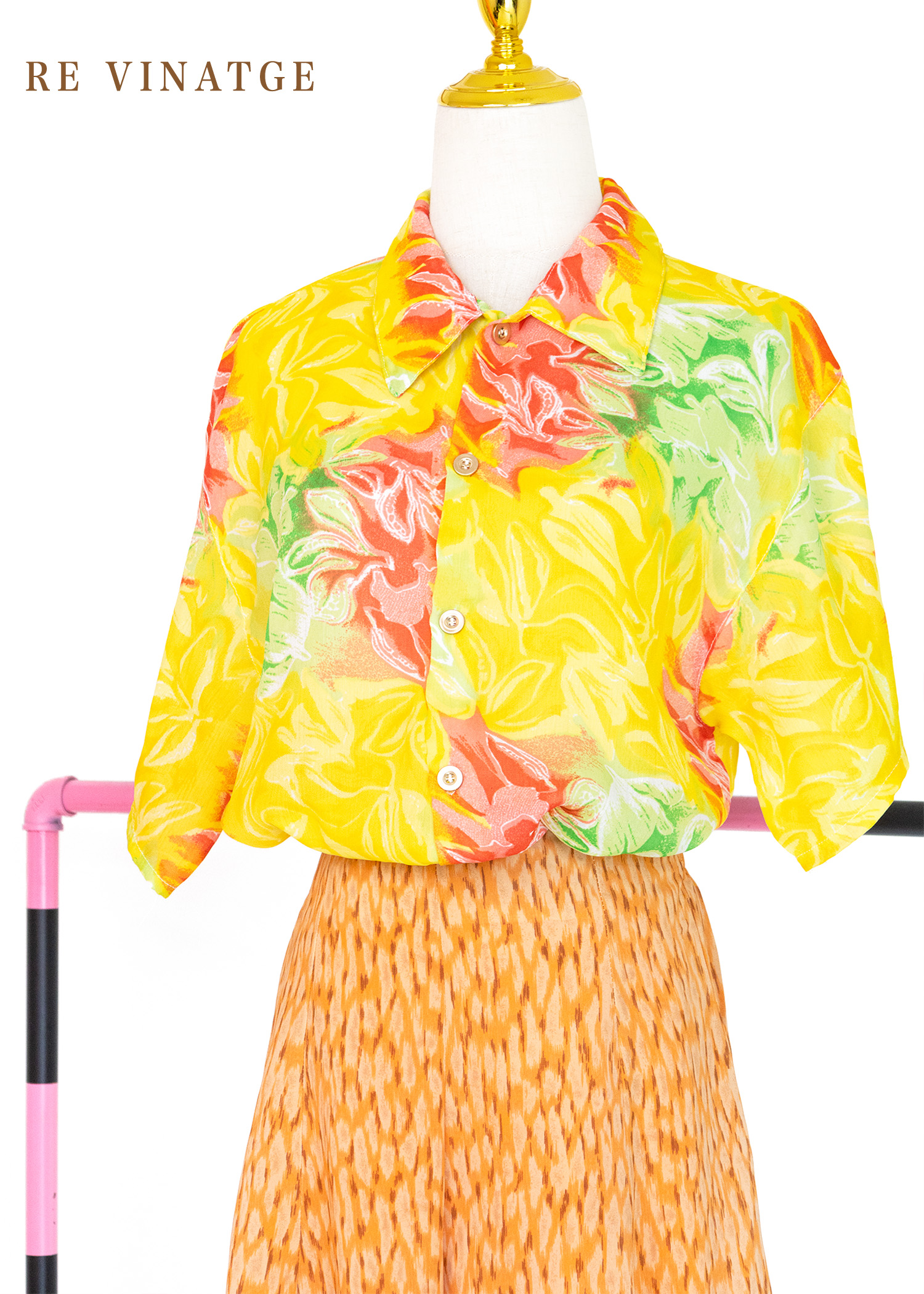 亮黃色小葉子雪紡襯衫