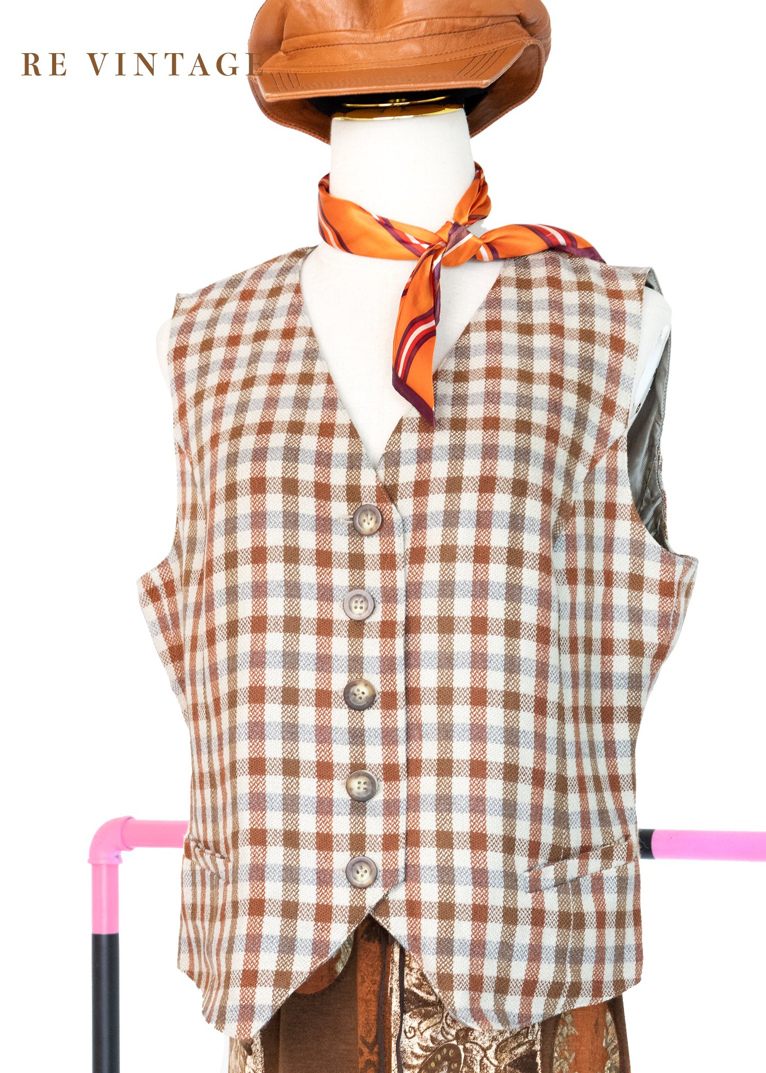 栗子棕橘色格紋西裝背心