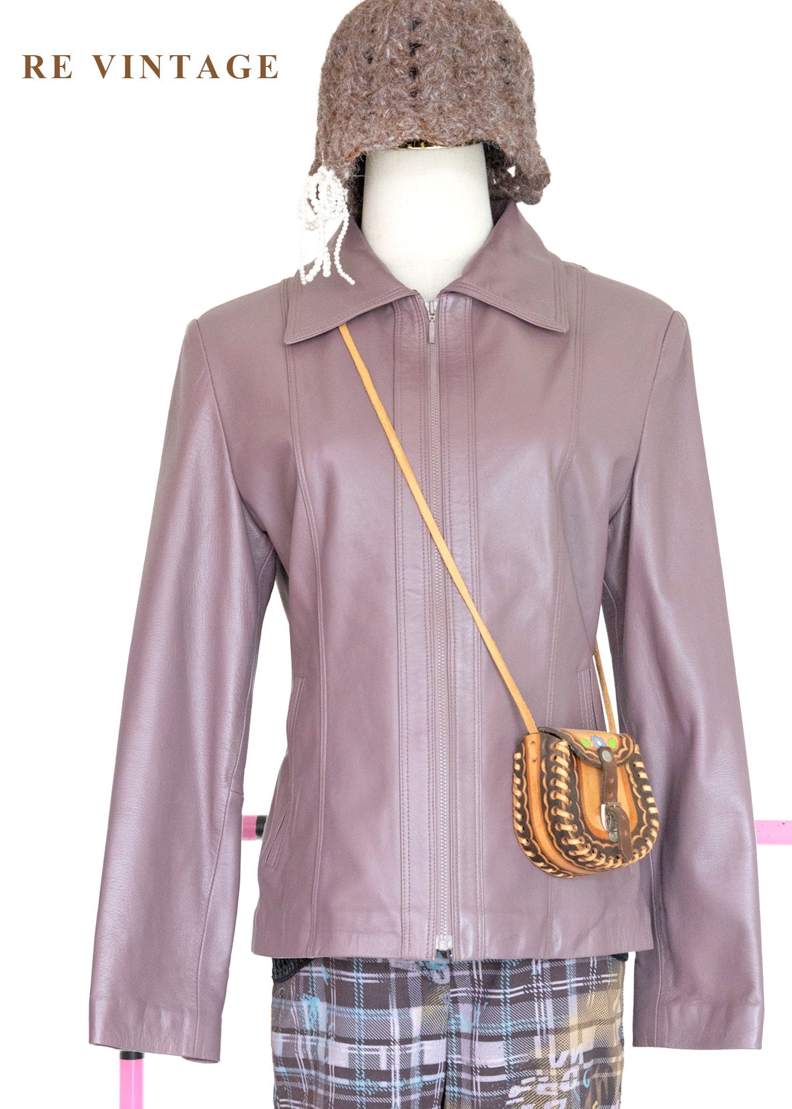 藕紫色極簡反領皮衣外套