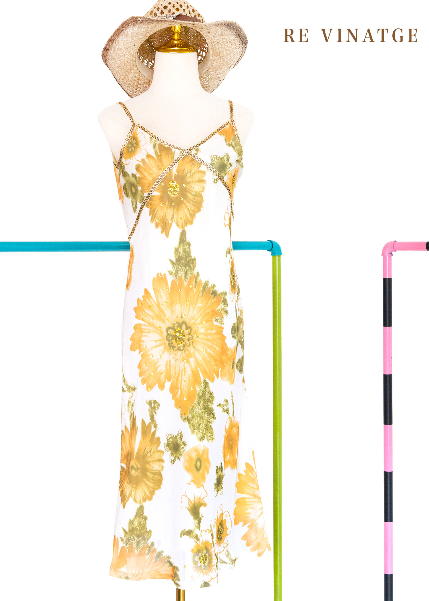 法國製 - 浪漫大黃花細肩帶洋裝