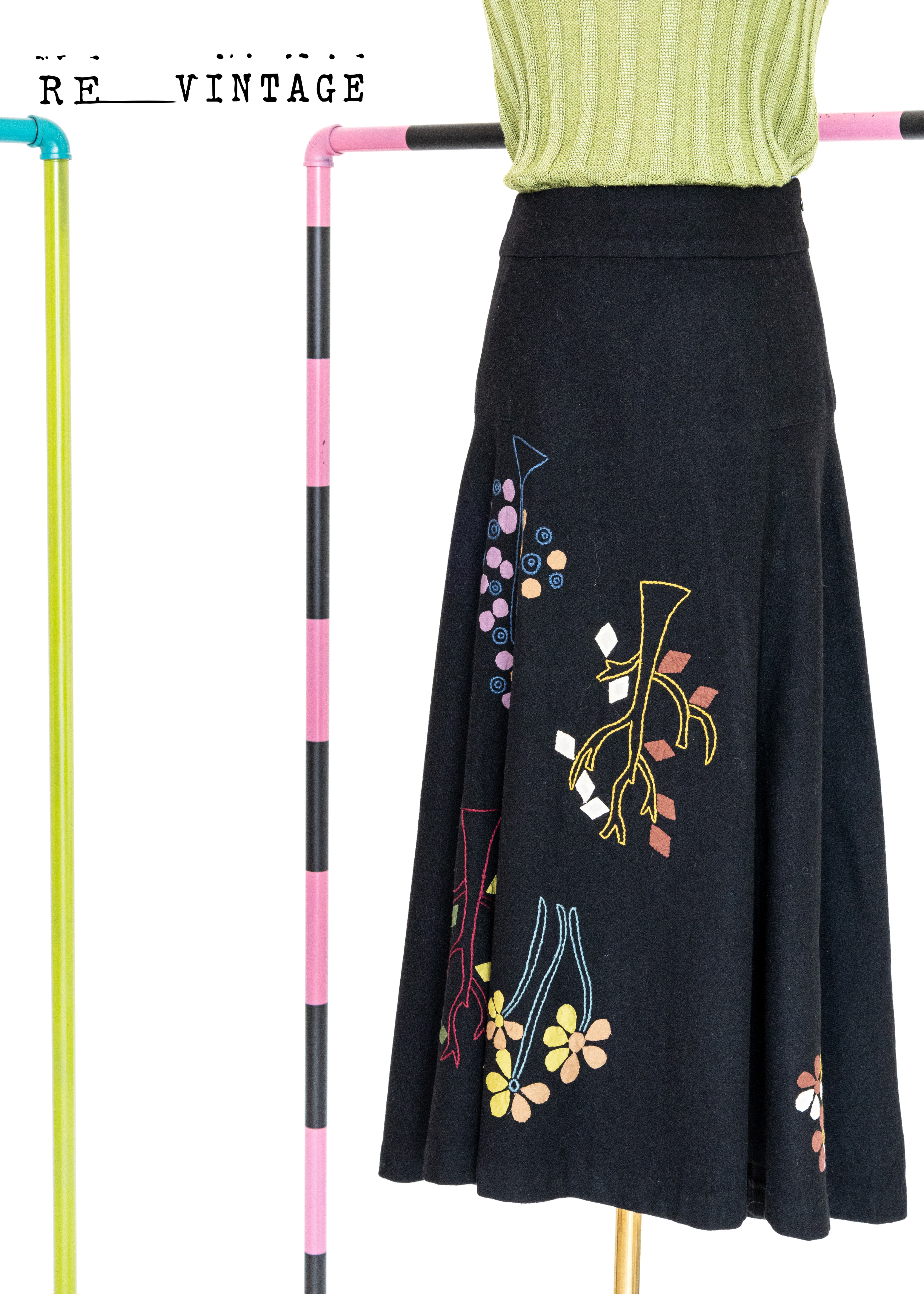 冬天的小花朵拼接毛呢中長裙（26")