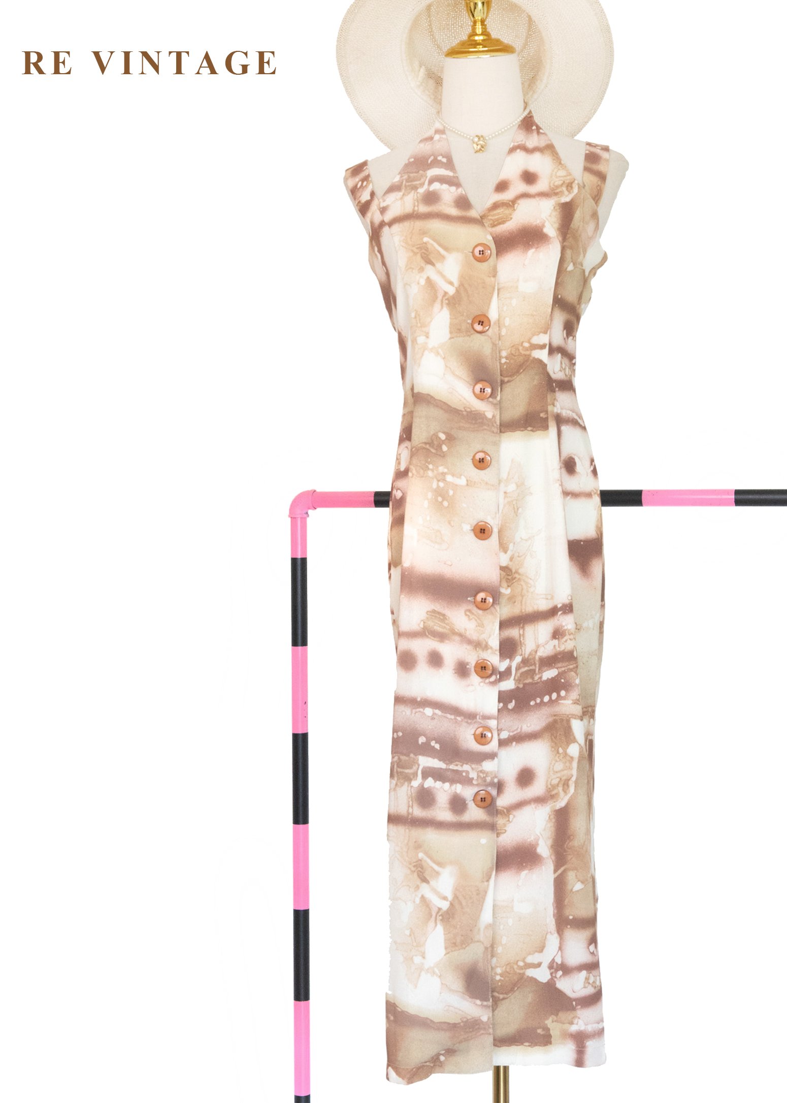 奶油咖啡暈染繞頸長洋裝