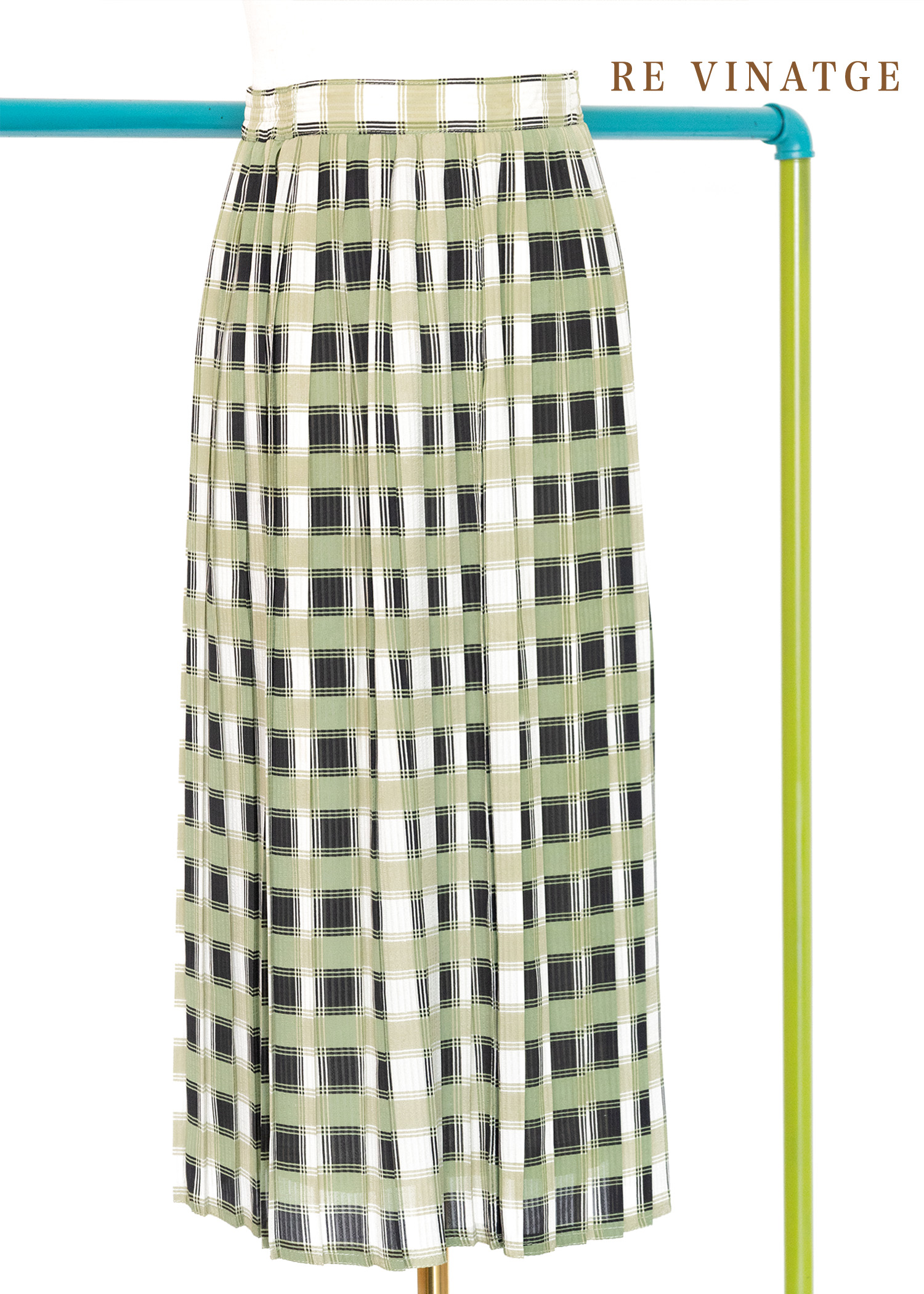 抹茶綠格紋百摺中長裙