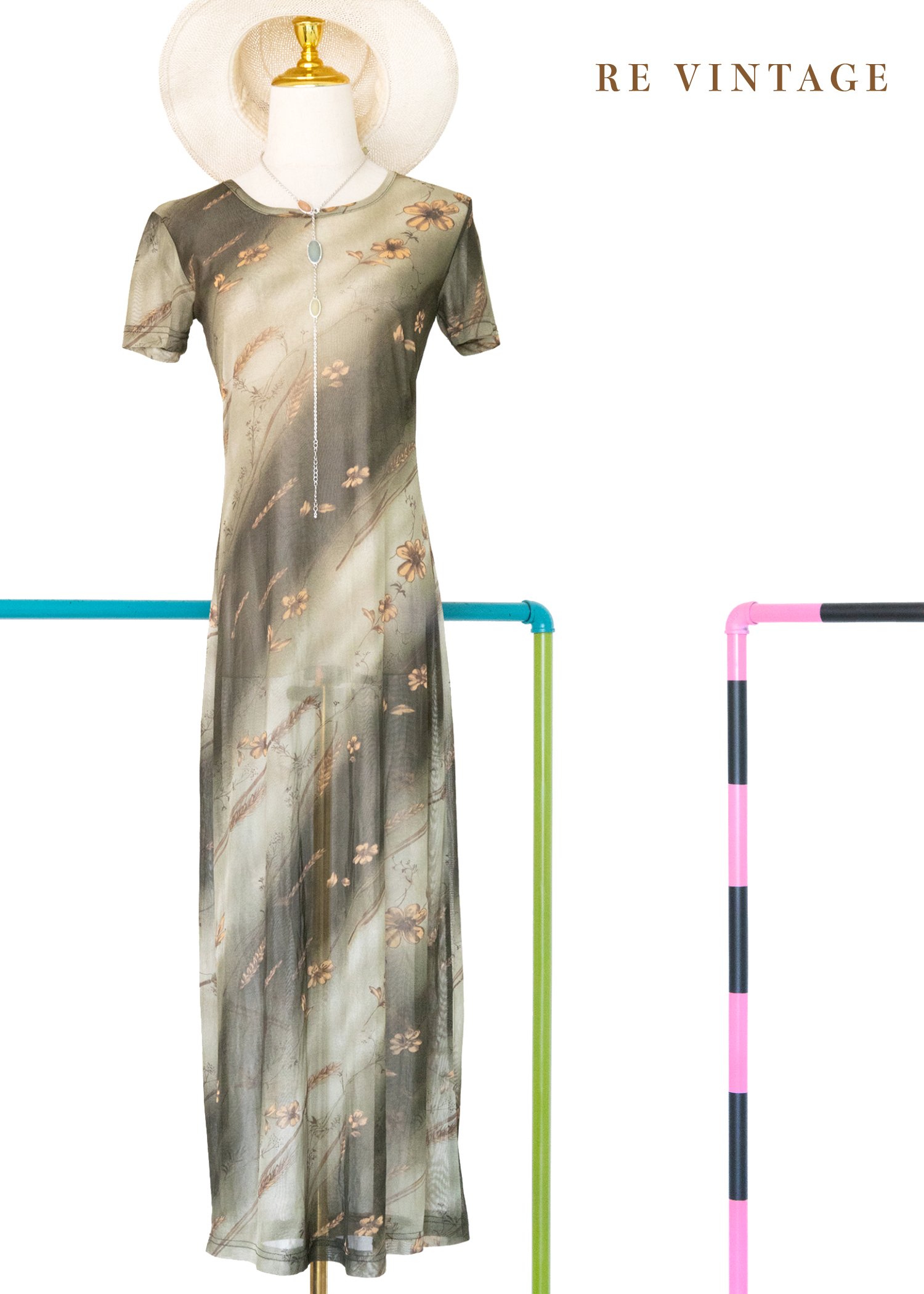 Wilderness Poem 草色暈染花朵網紗長洋裝