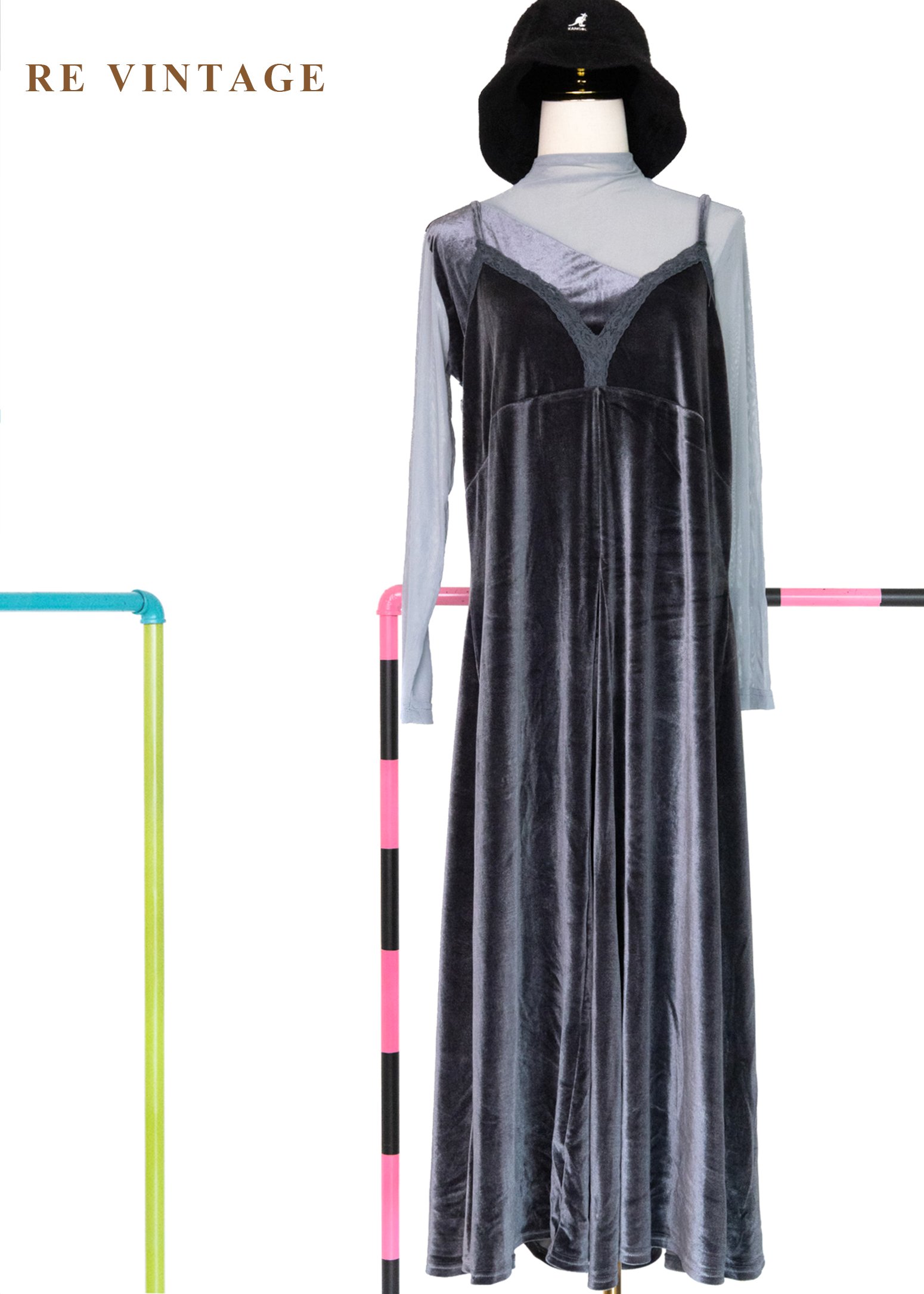 夜色灰光疊影絨布長洋裝