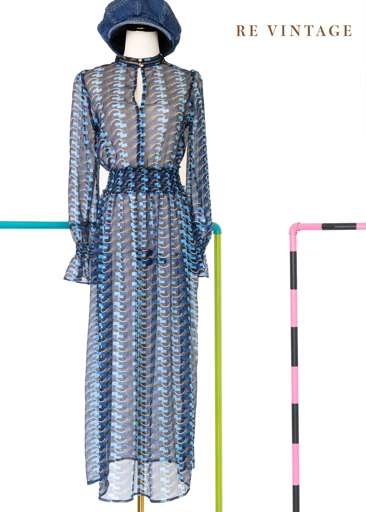 波光藍格輕紗復古長洋裝