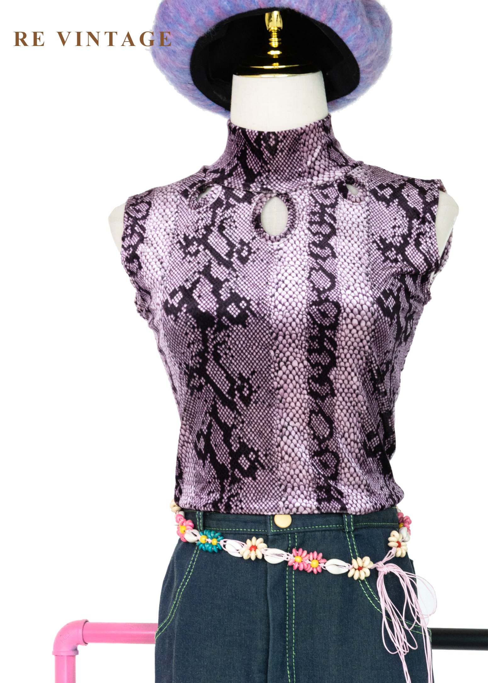 紫光蛇紋冷冽高領簍空絨布背心